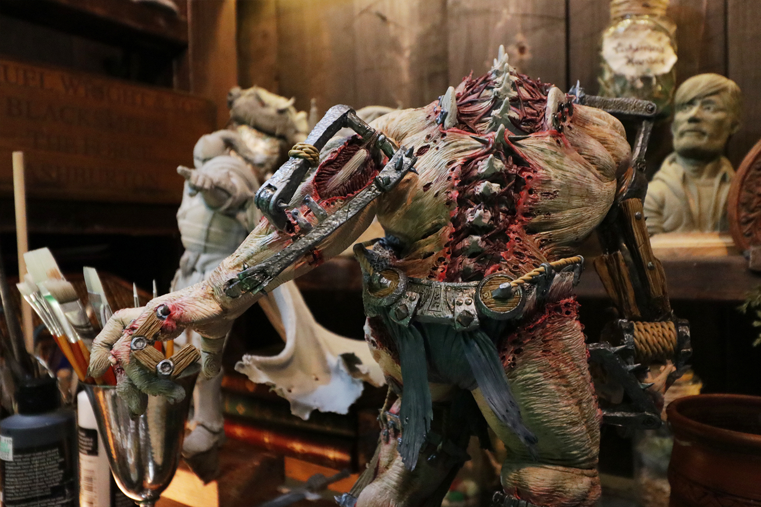 A close image of the painted back of the Siege Giant sculpture by Christopher Notbusch.