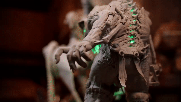The Siege Giant sculpture showing the installed green LED lights.