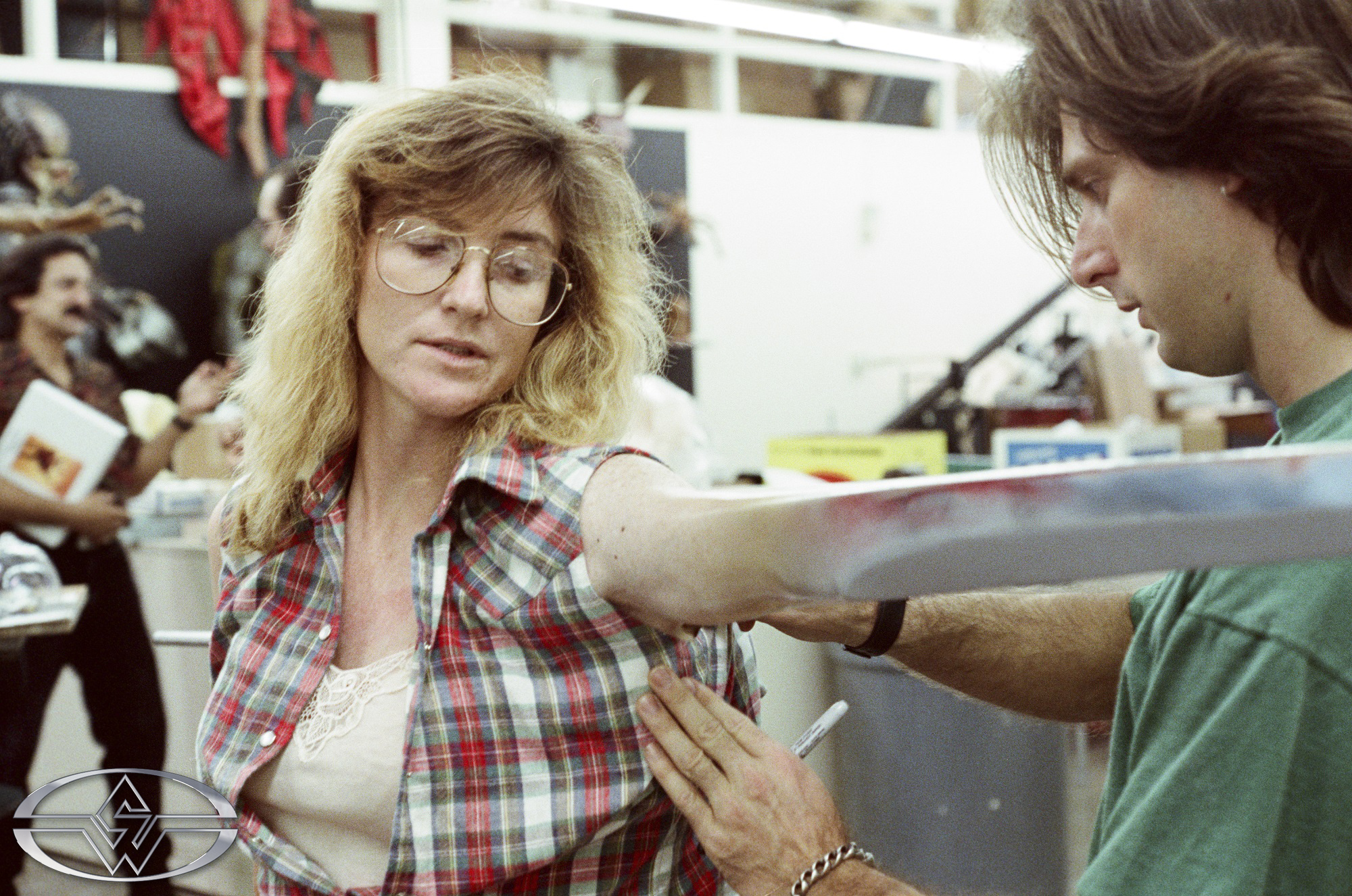 John Rosengrant applies the 'Janelle blade' to Karen Mason for testing.