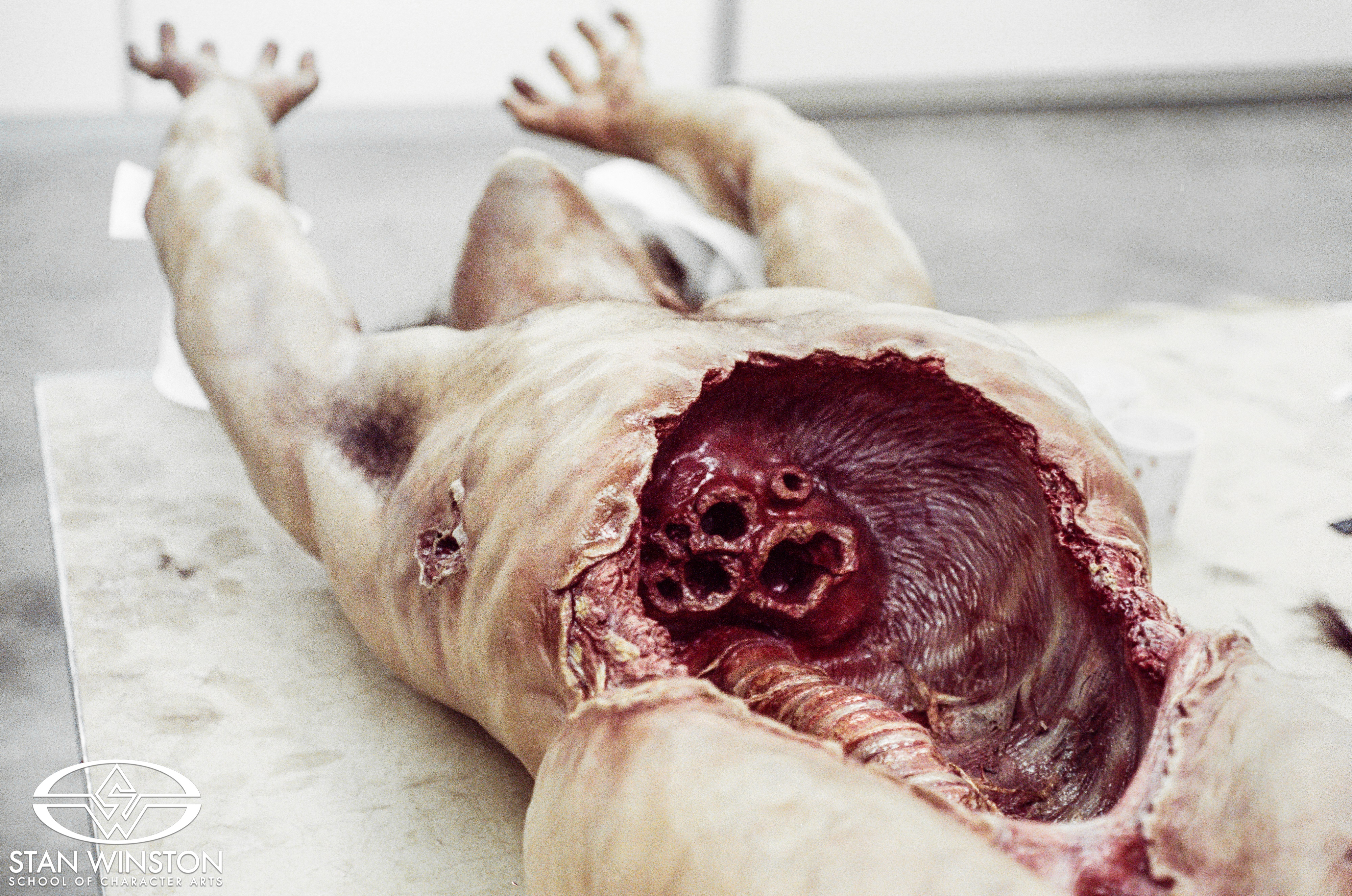 Close-up image of a gutted dummy corpse created by Stan Winston Studio for Predator 2