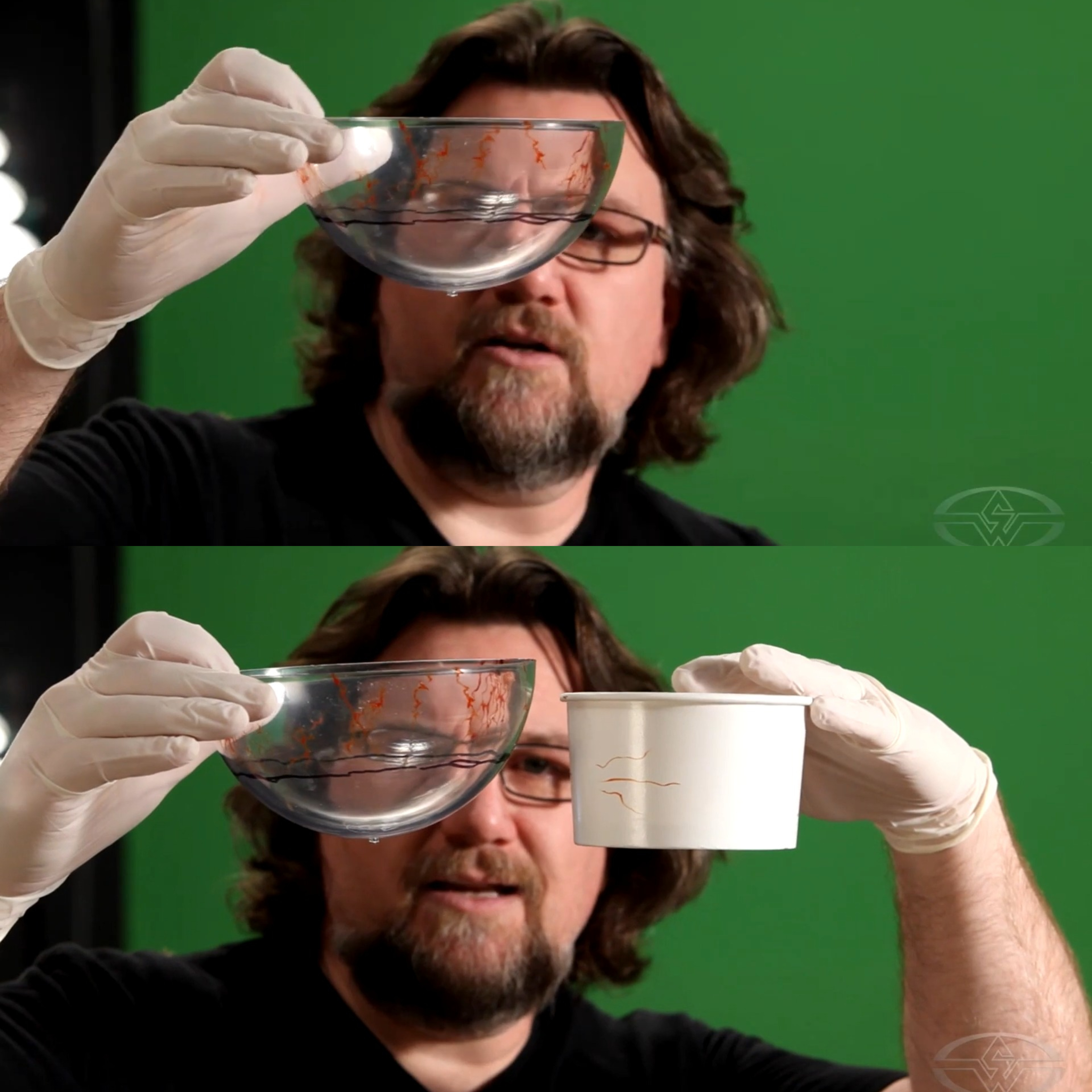Haines shows the difference in shapes between the acrylic sphere and mixing cup to determine how much resin he will need.