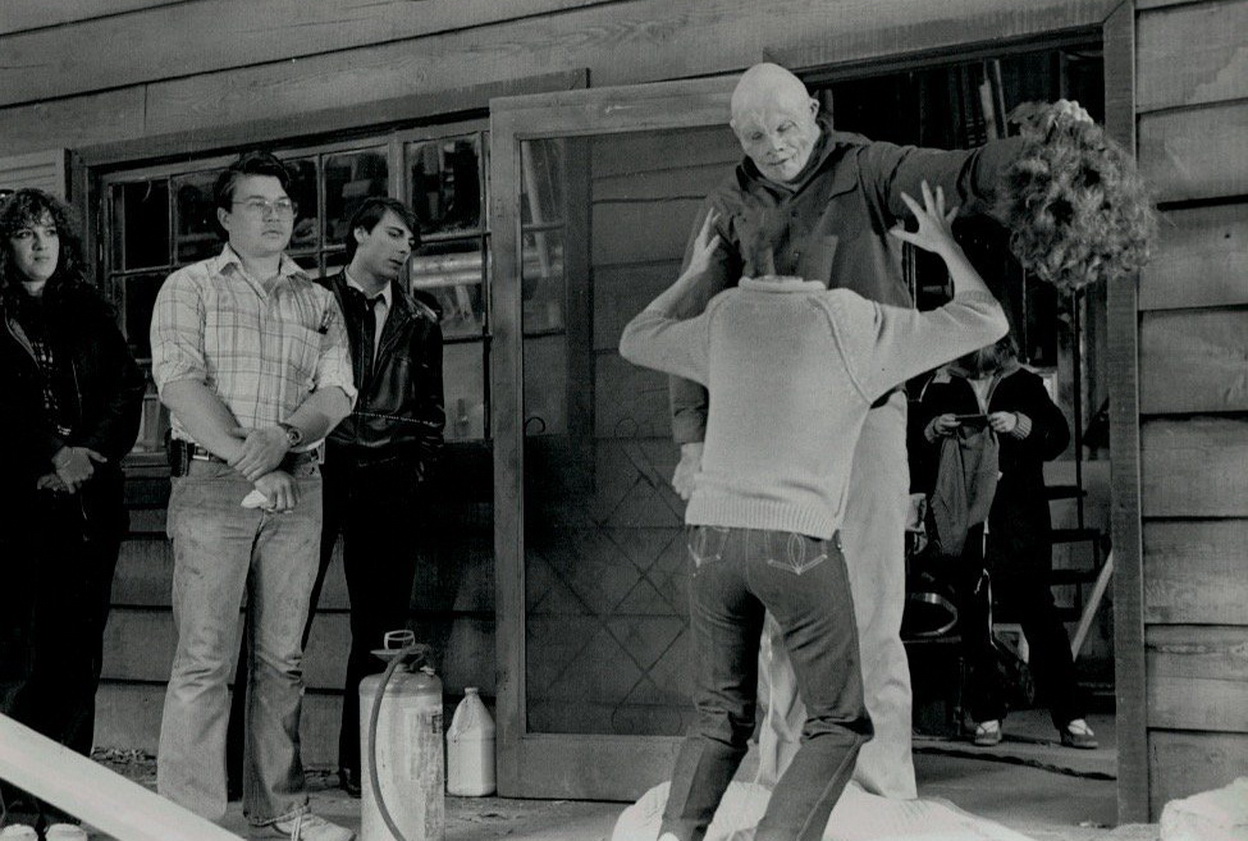 Douglas J. White with producer Frank Mancuso, Jr. and Richard Brooker as Jason Voorhees filming the rejected ending sequence. Image courtesy of Paramount Pictures/Horror, Inc.