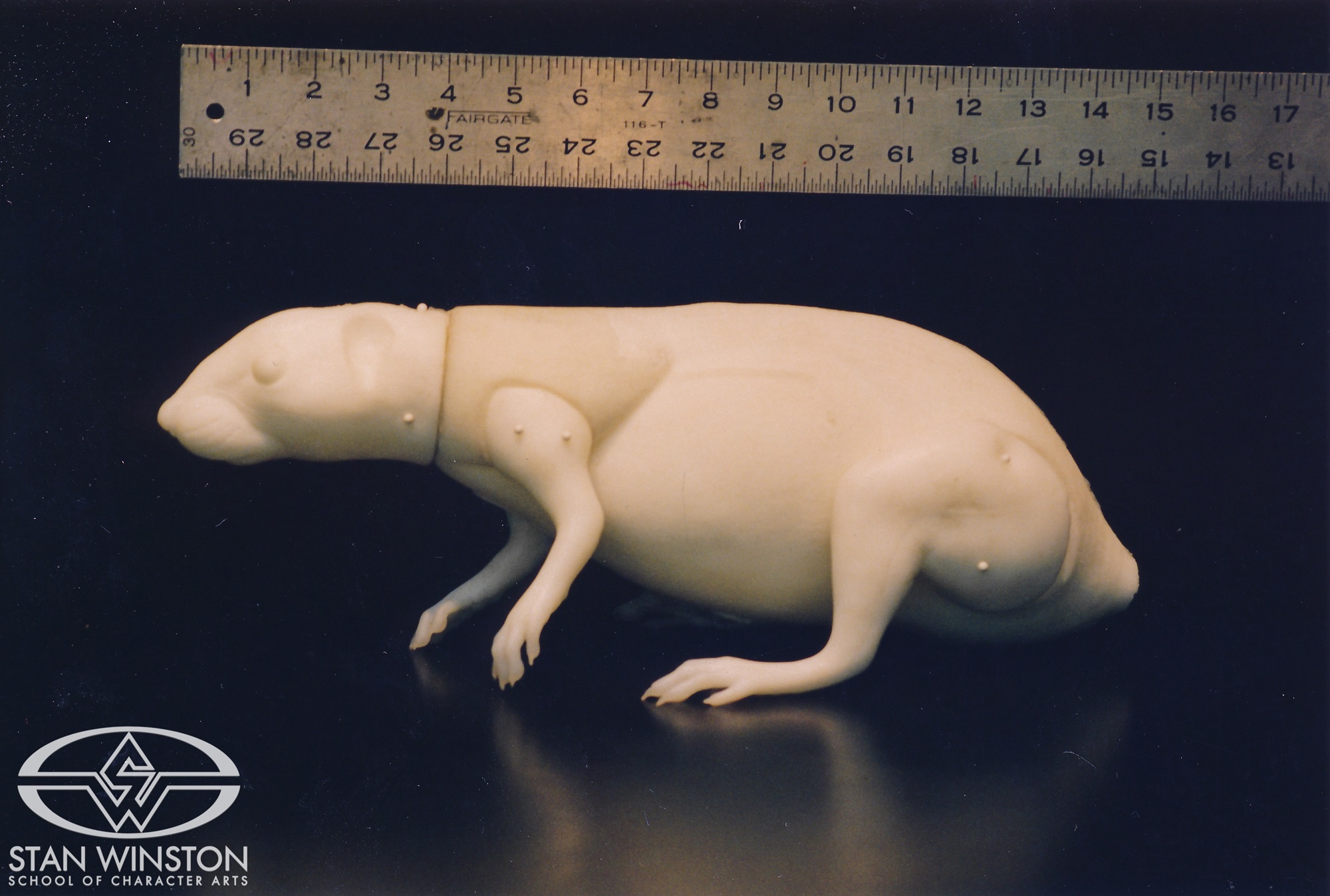 Test shot of the assembled mouse head, body, and limbs at Stan Winston Studio.