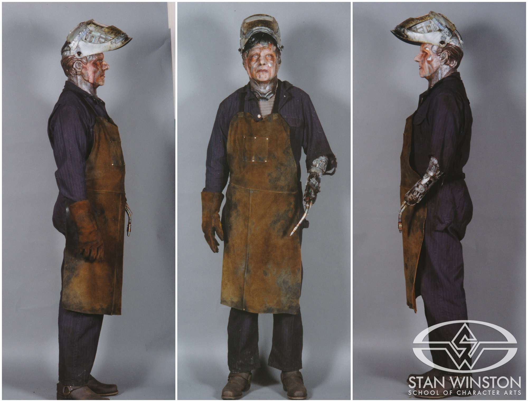 R. David Smith poses as a Welder mecha at the Stan Winston Studio.
