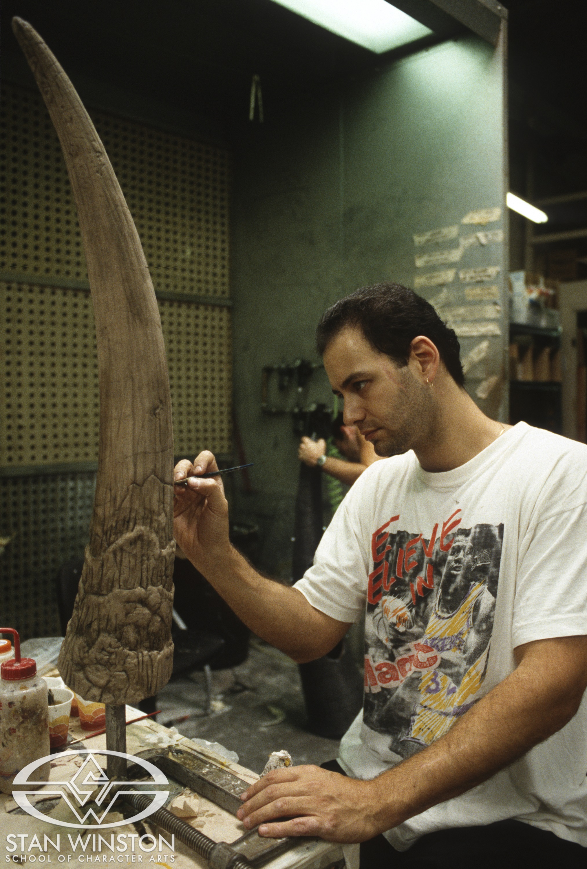 im Charmatz details one of the&nbsp;Stegosaurus full-size tale spikes at the Stan Winston Studio.