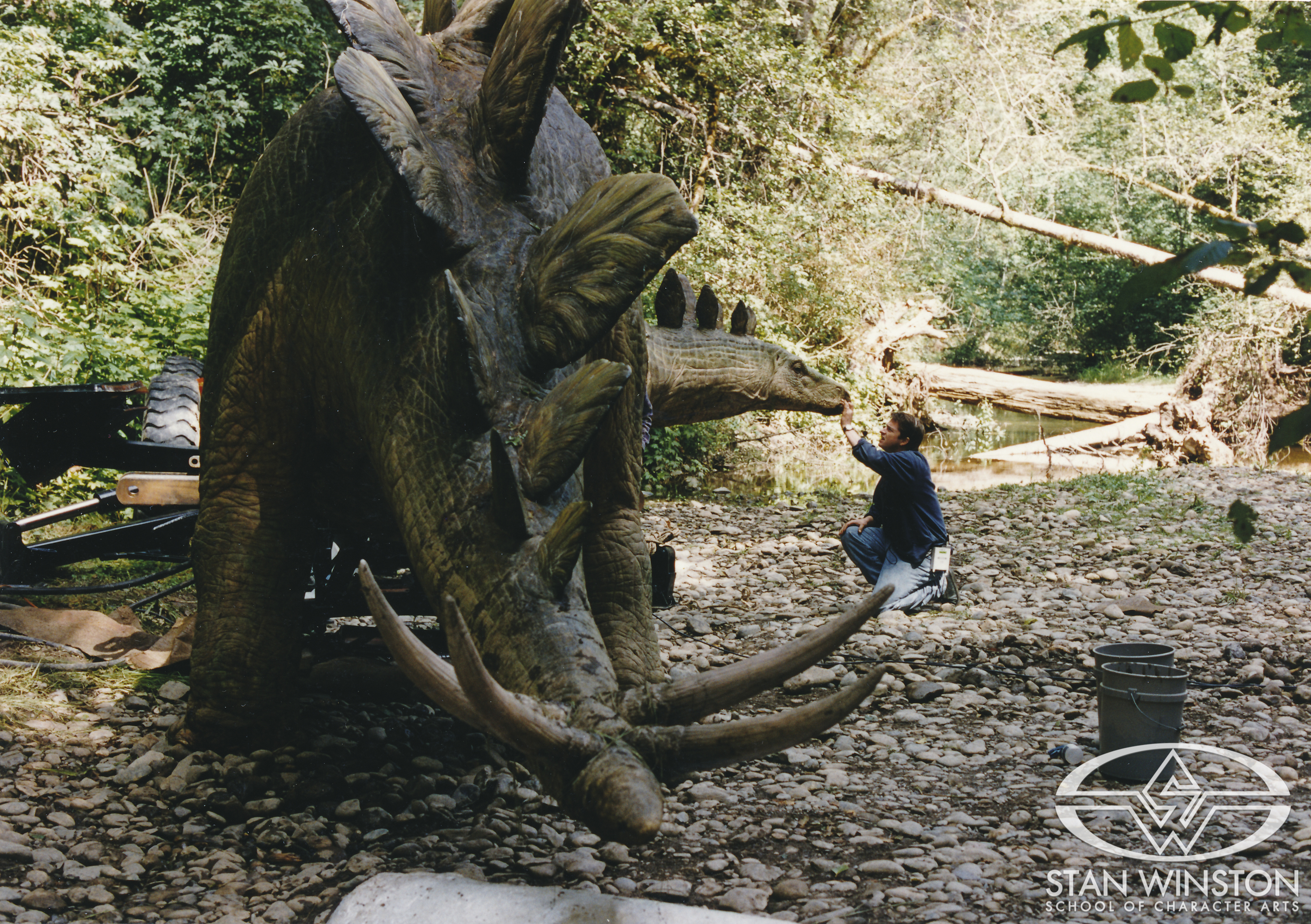 The animatronic adult Stegosaurus on location with&nbsp;Mark Maitre.