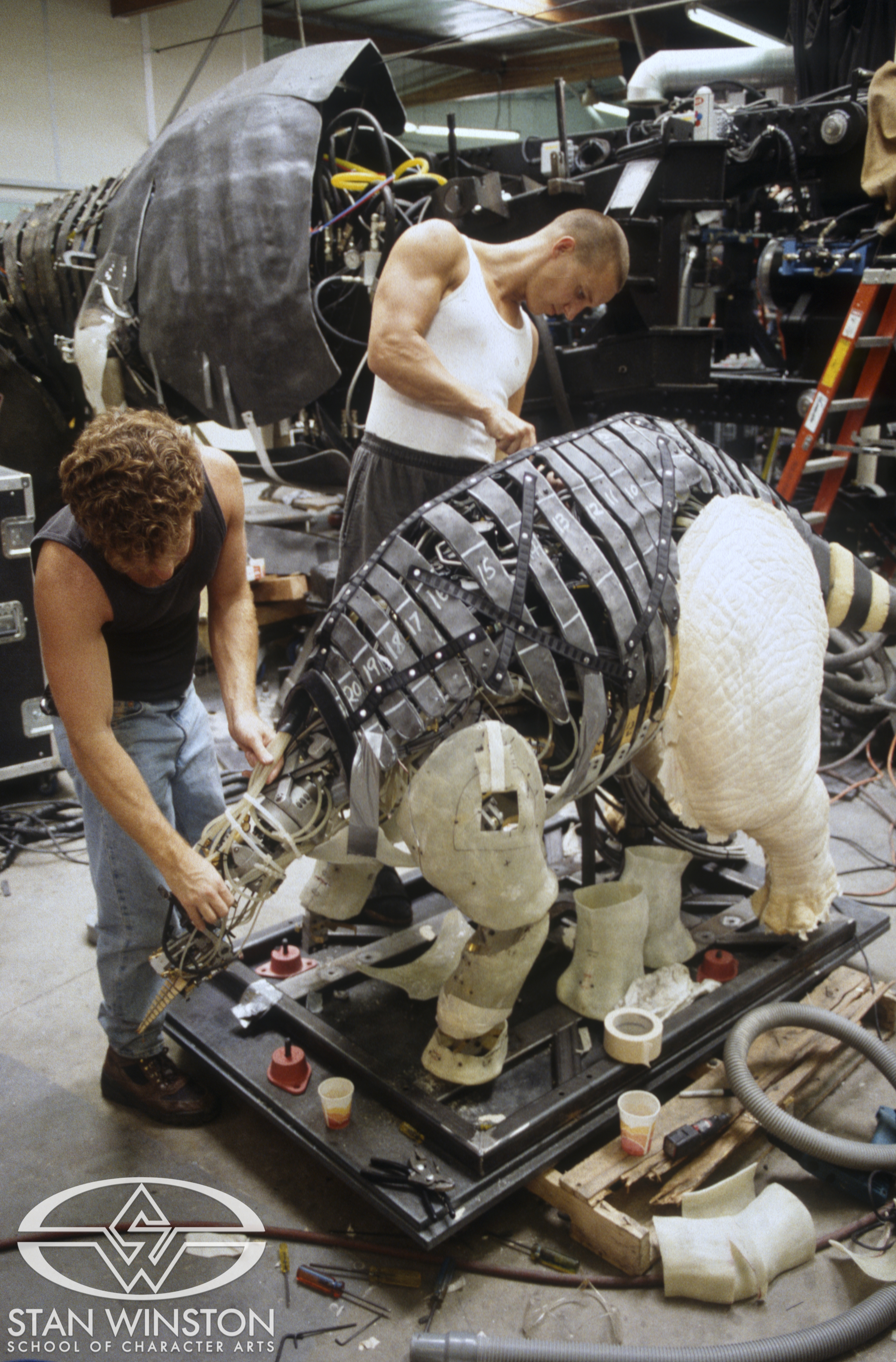 Assembling the mechanical understructure of the baby Stegosaurus at Stan Winston Studio.