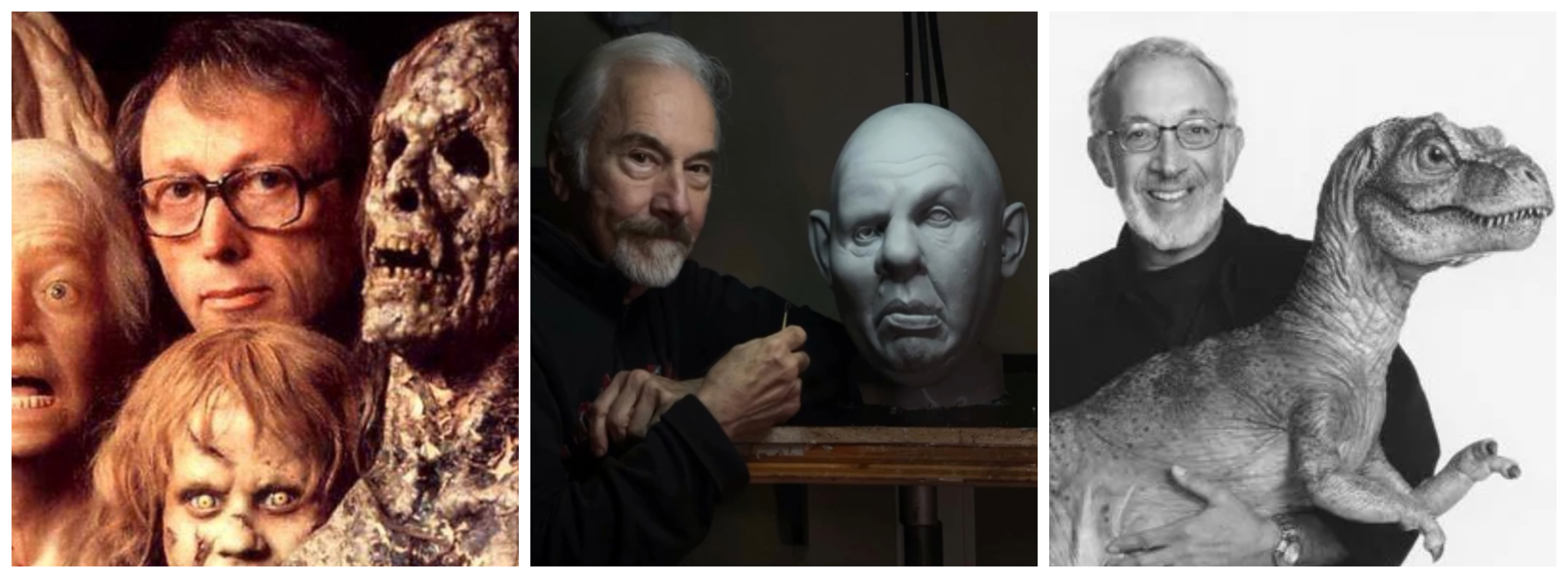 From left to right: Dick Smith with some of his iconic works, Rick Baker with his&nbsp;Charles Laughton hunchback mask sculpture, and Stan Winston with the baby T-Rex from The Lost World: Jurassic Park. First two image sources: Dick Smith Makeup FX Education'&nbsp;and&nbsp;Rick Baker's Instagram.