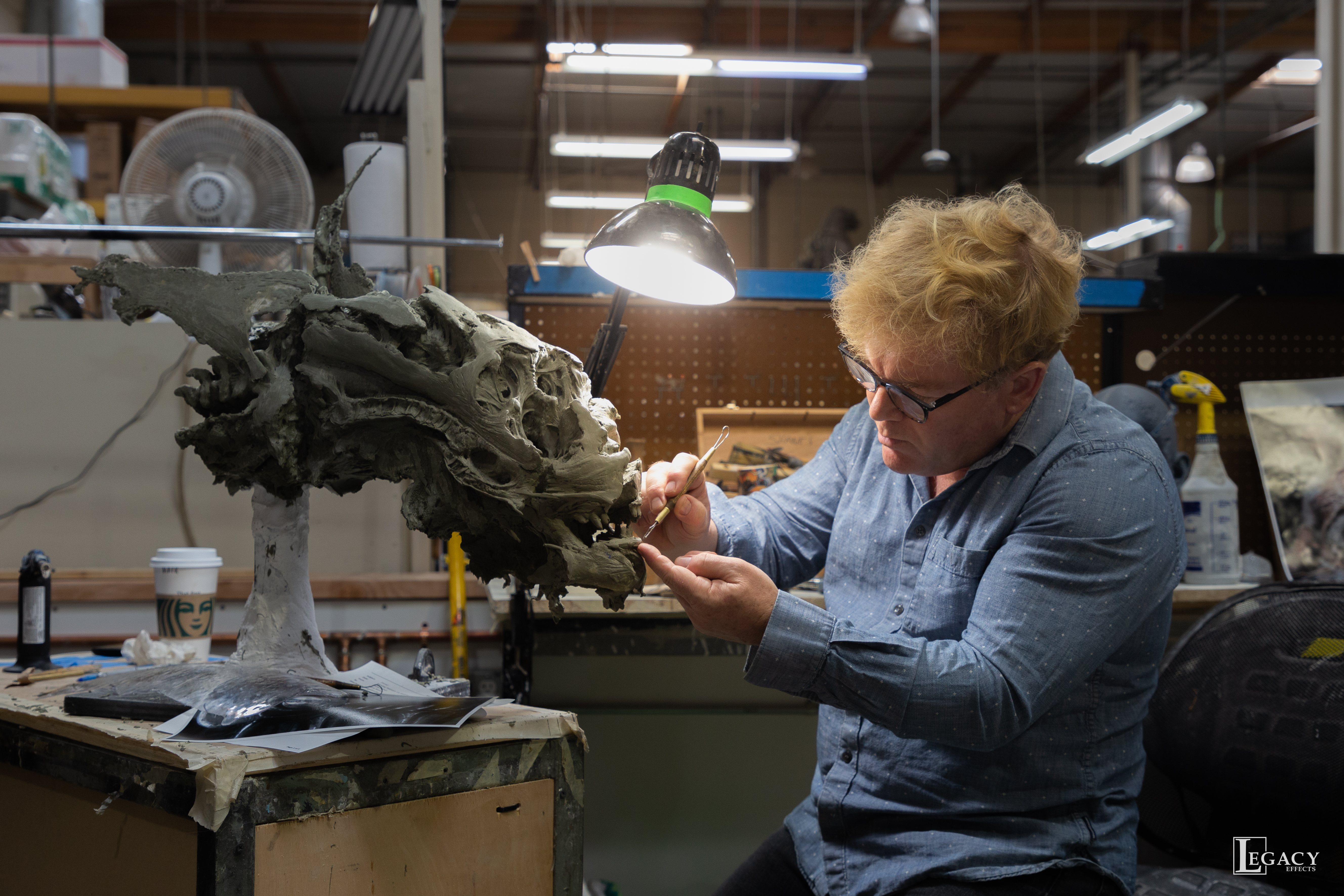 Legacy Effects co-founder Shane Mahan sculpting the head of the dead&nbsp;xenomorph from the original Nostromo/Narcissus. Image courtesy Legacy Effects.