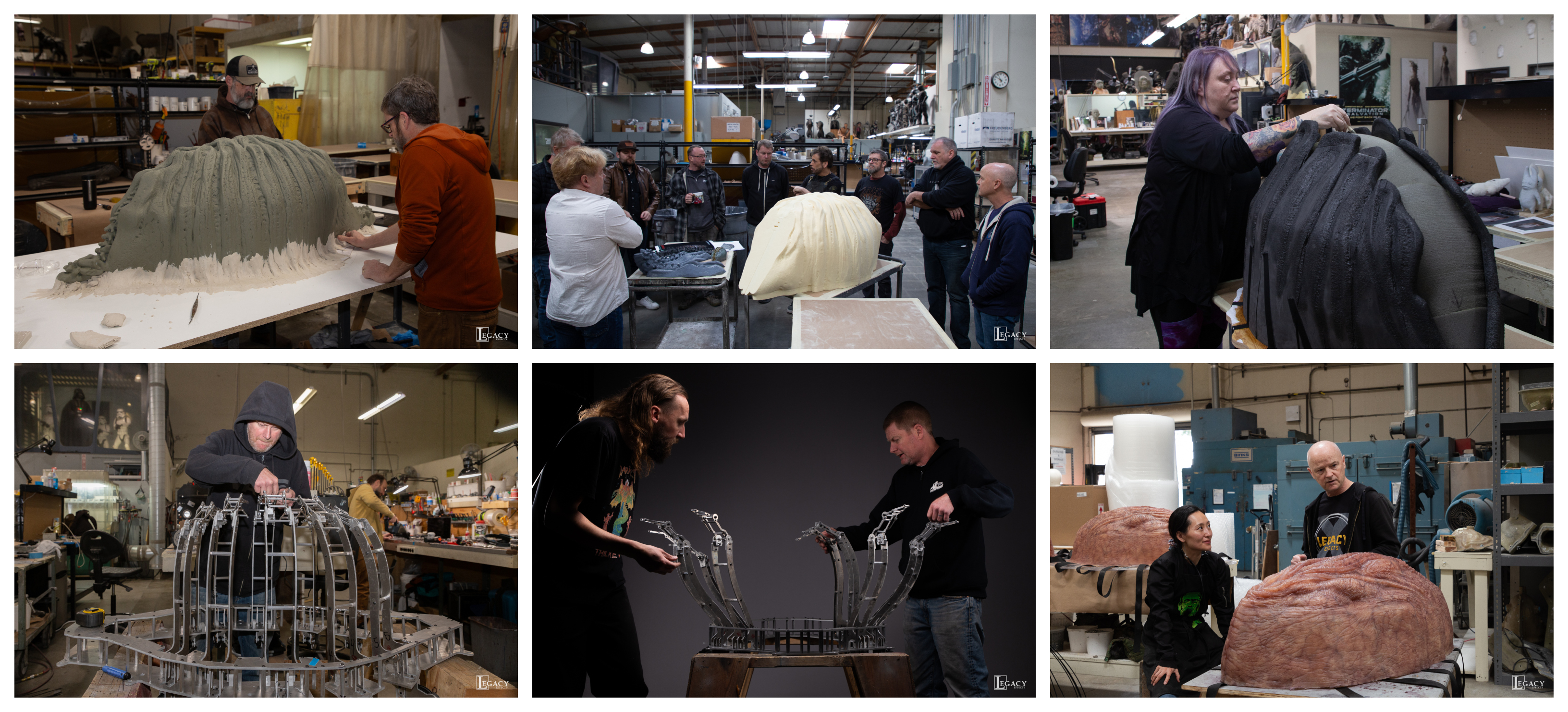 Trevor Hensley, Mark Maitre, Tamara Carlson-Woodard, Seth Hayes, Mike West, Wen Zheng, and Lindsay Macgowan work on the cocoon, from sculpture to internal mechanics. Images courtesy Legacy Effects.