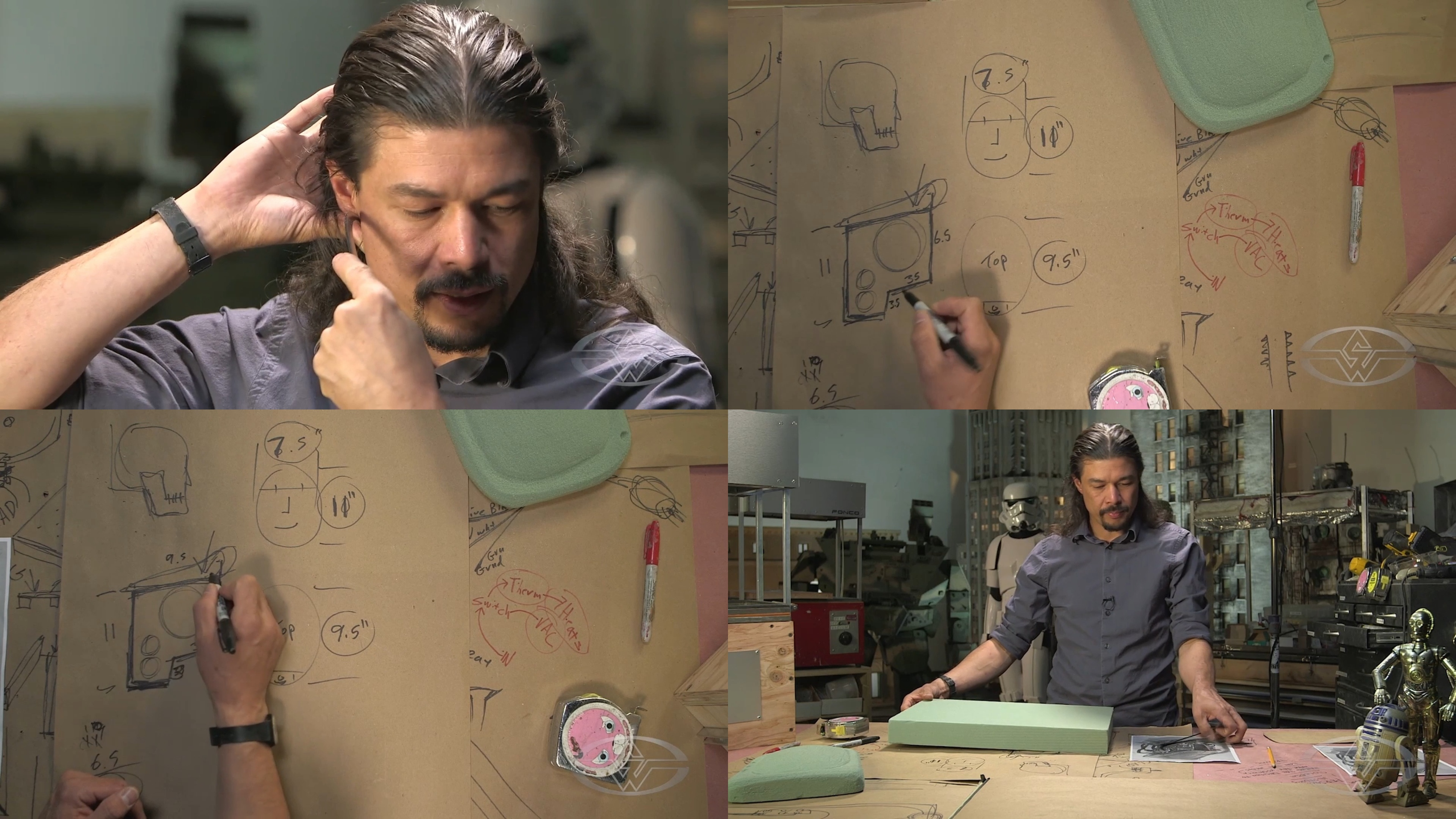 Davis measures his jawline which will be echoed in the robot design