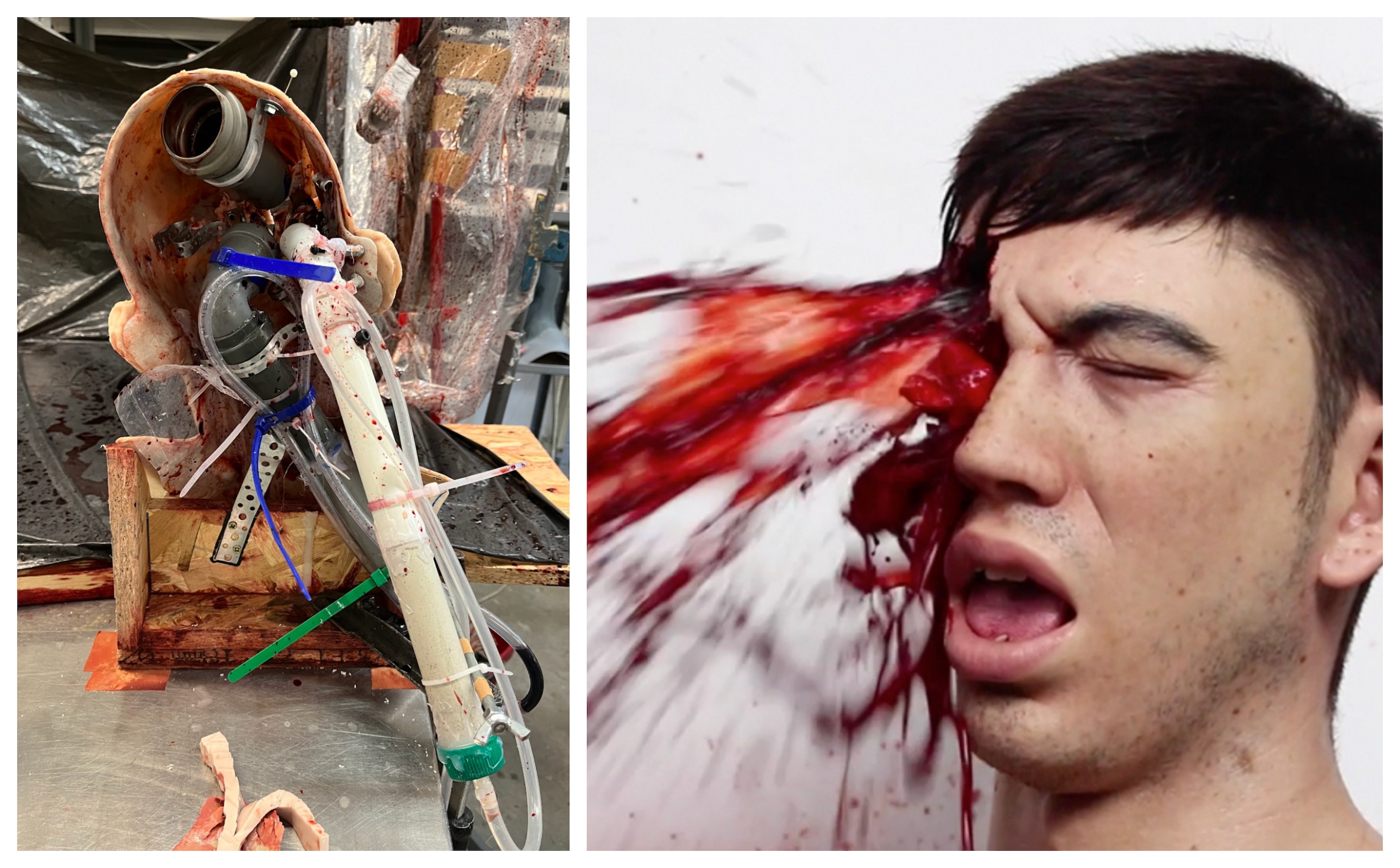 Left - The internal mechanism inside the&nbsp;Tyler exploding head. Right - Testing the Tyler exploding head effect.&nbsp;Image courtesy Filmefex.