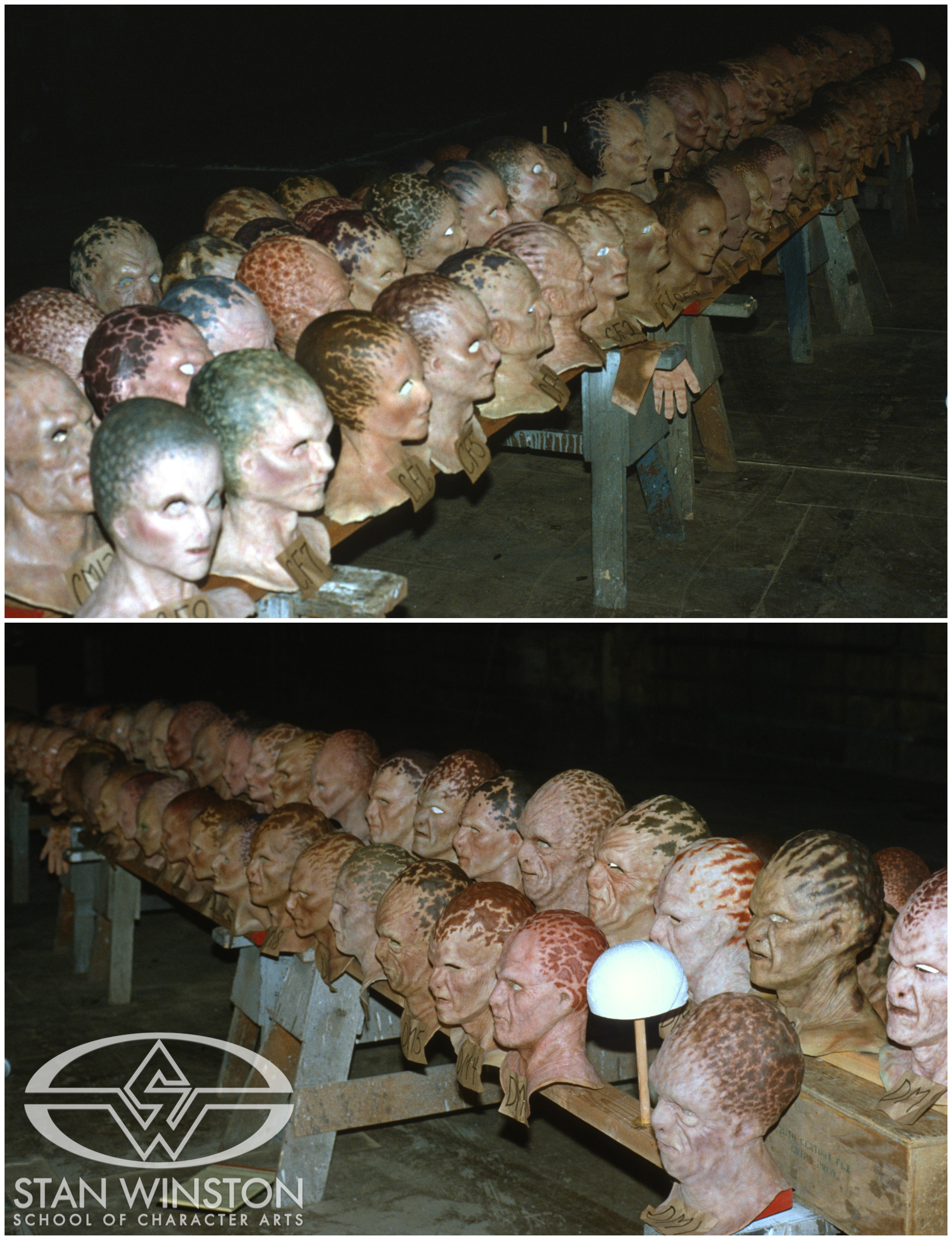 An assortment of&nbsp;slip latex&nbsp;pullover&nbsp;masks created for&nbsp;background alien characters are ready to be shipped to the&nbsp;Alien Nation set.