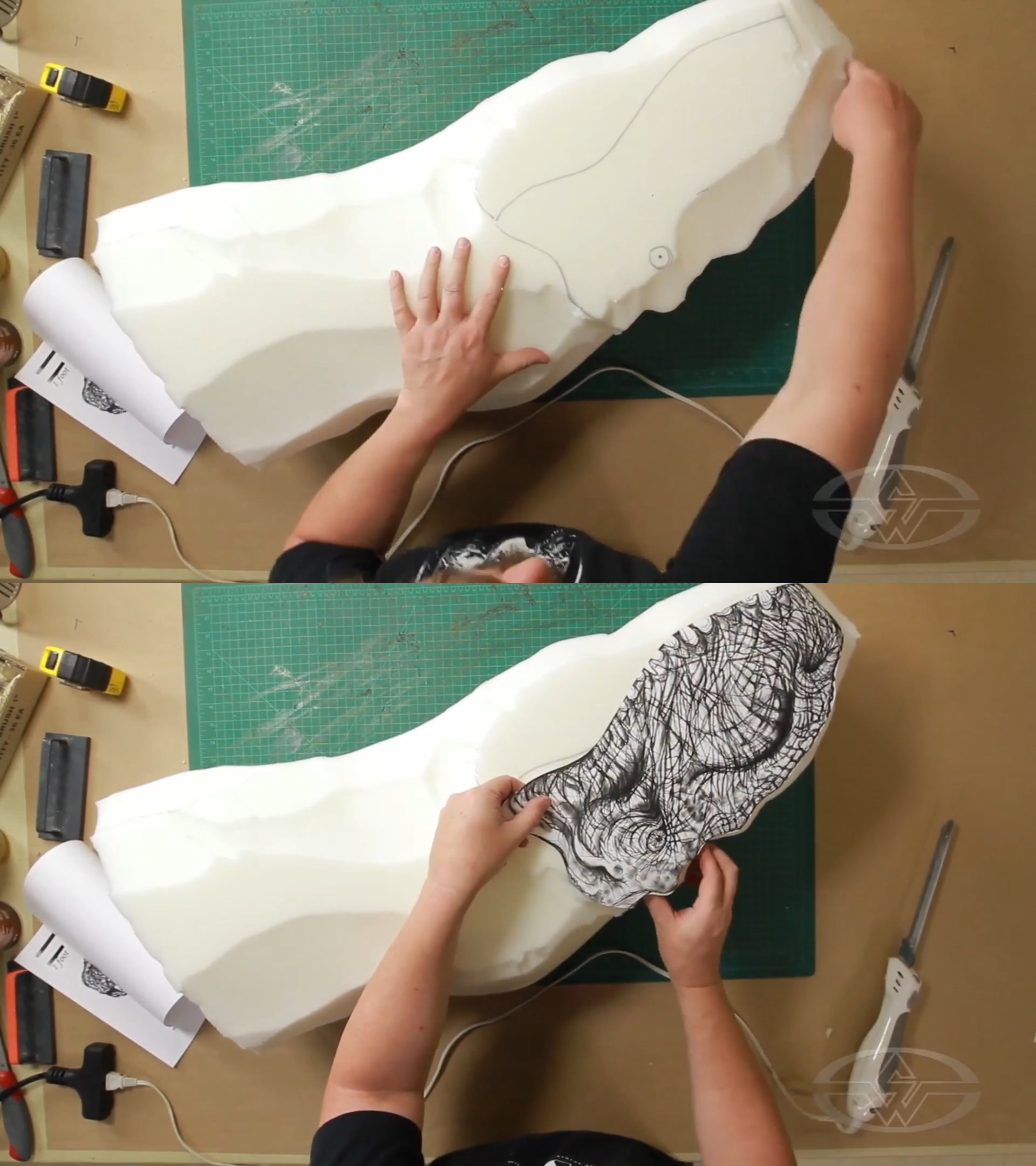 Ted Haines places his design over the foam to remind himself where the dinosaur's features are.