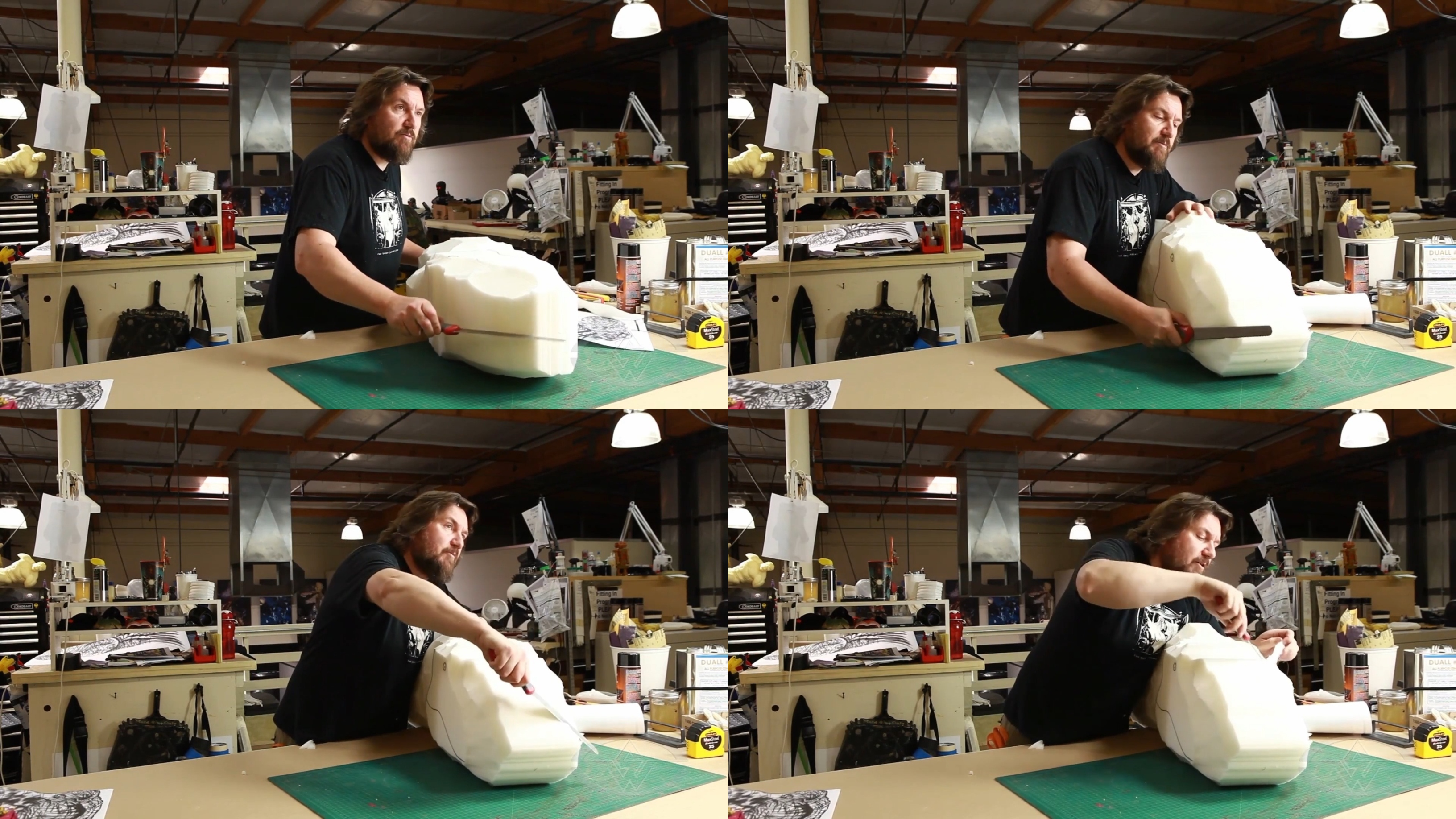 By constantly flipping the sculpture as he works, Ted Haines makes sure that each side is carved down evenly.