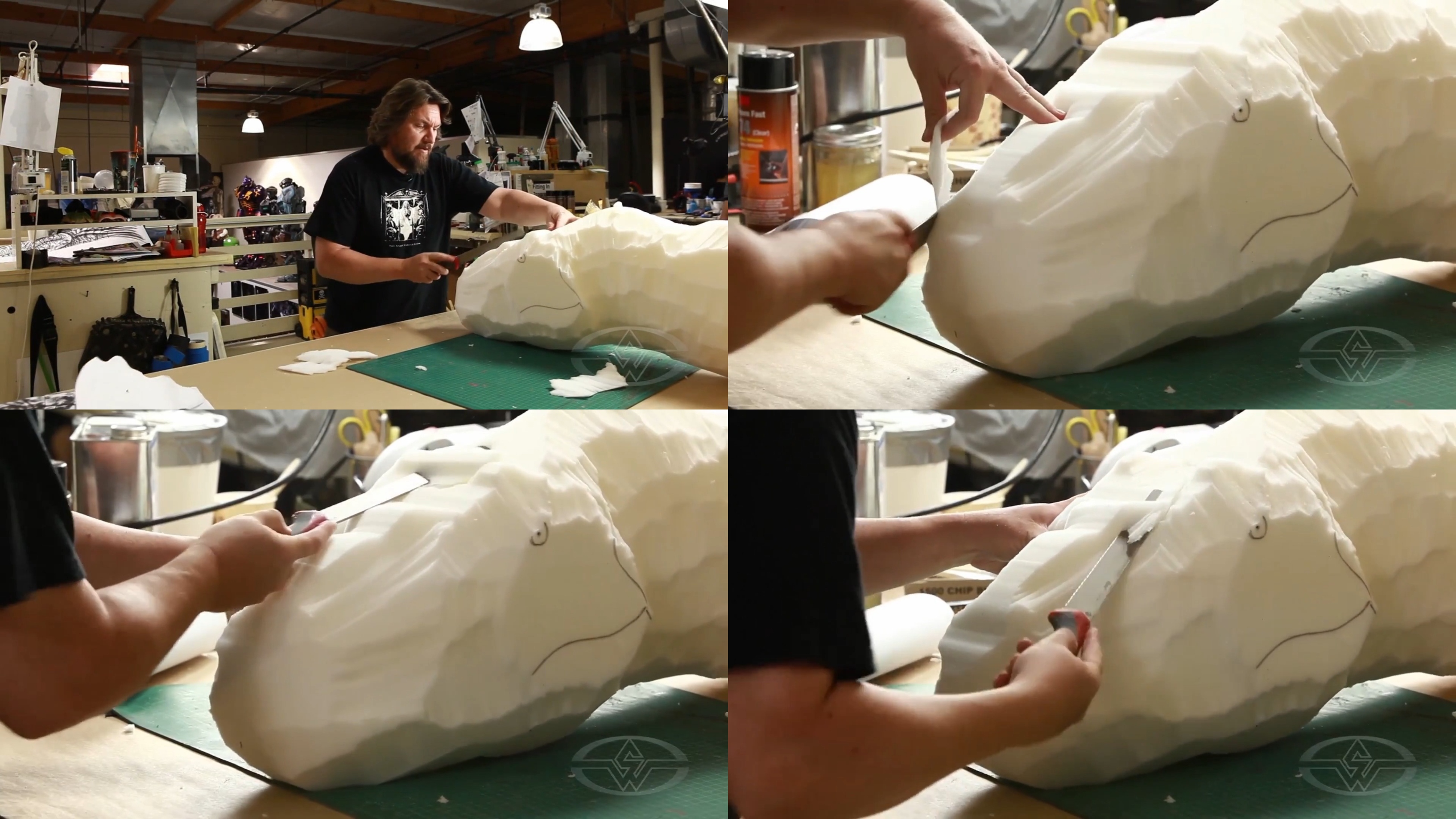 Ted Haines removes foam as he begins to visualize what his dinosaur will look like from different views.