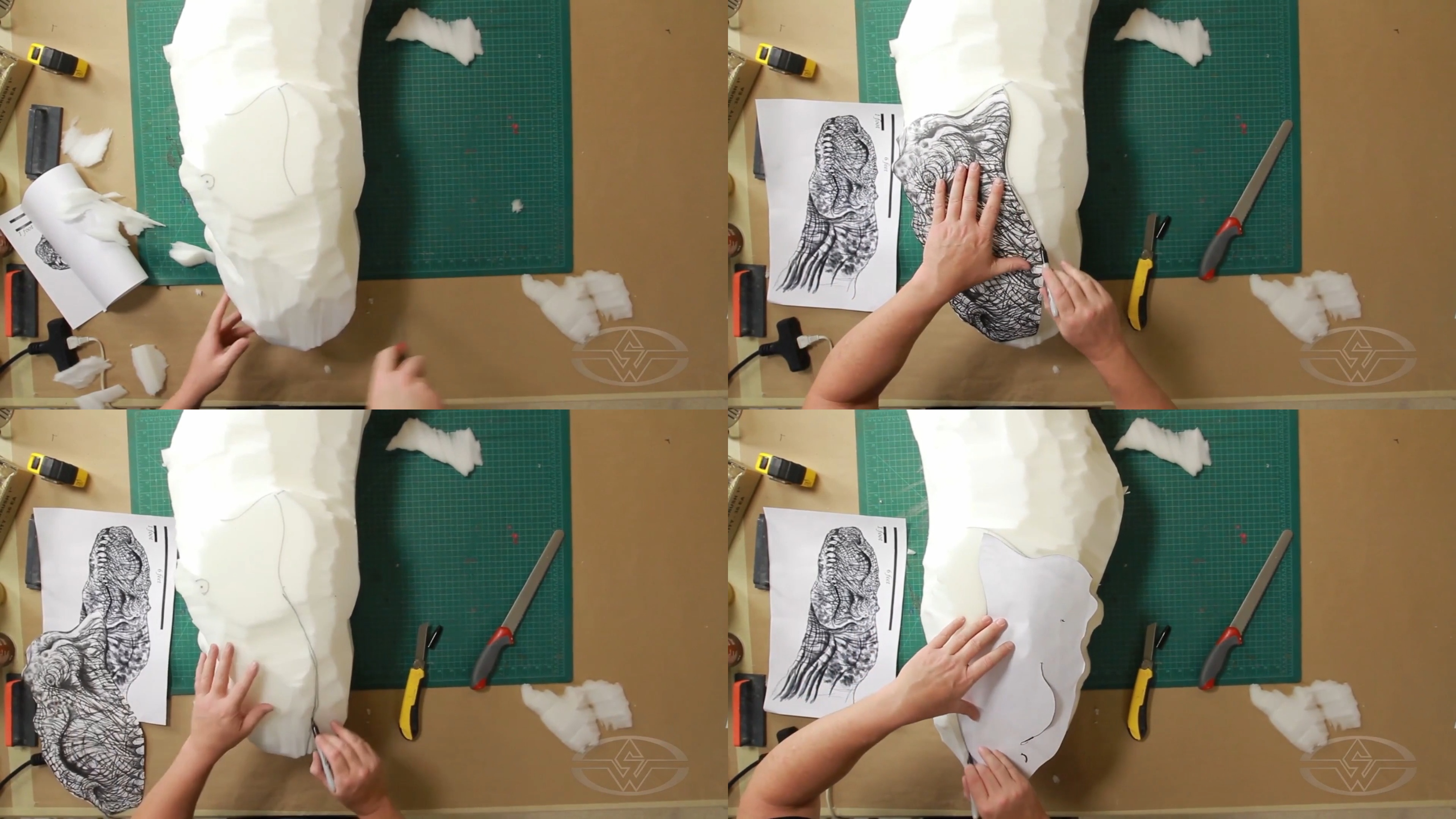 Ted Haines shows&nbsp;the profile art and traces where his dinosaur's mouth will be on both sides, so they connect in the front.