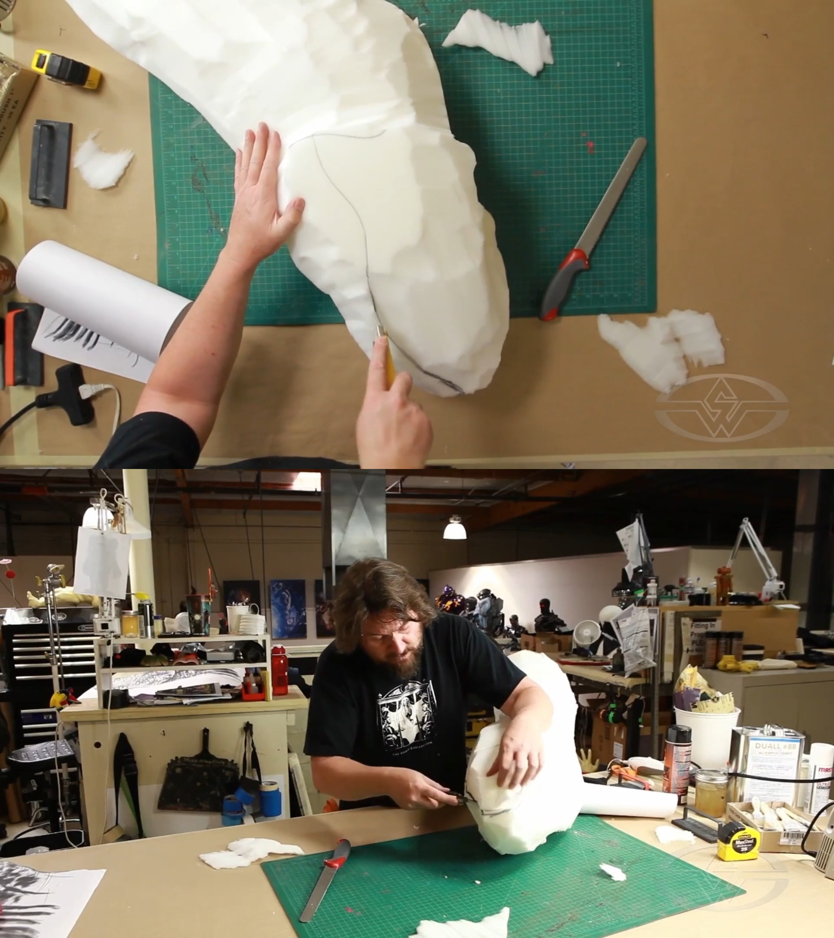 Ted Haines cuts a line into the foam to show where the mouth is.
