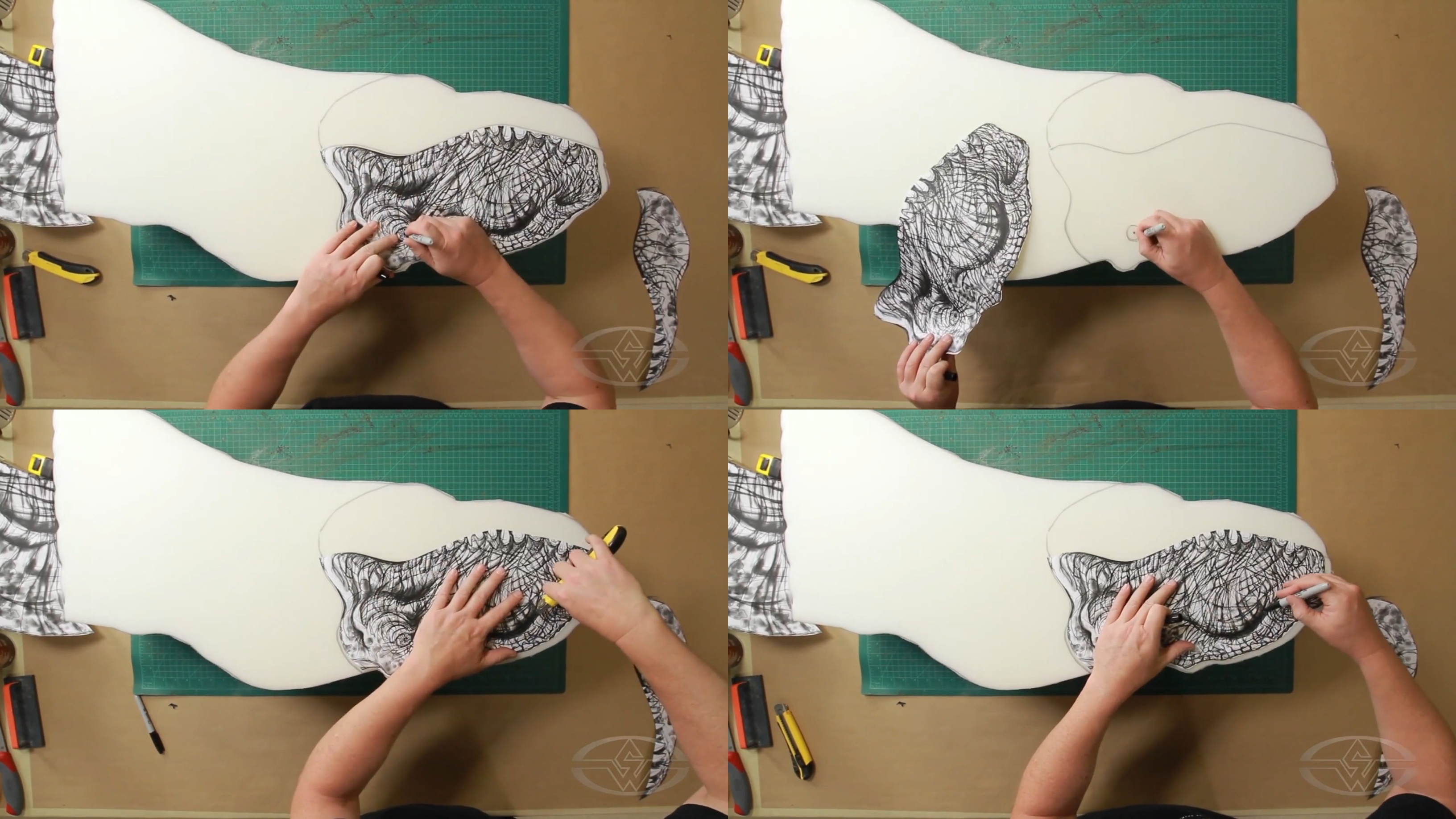 Ted Haines marks&nbsp;the eye and bridge of the nose on his foam.