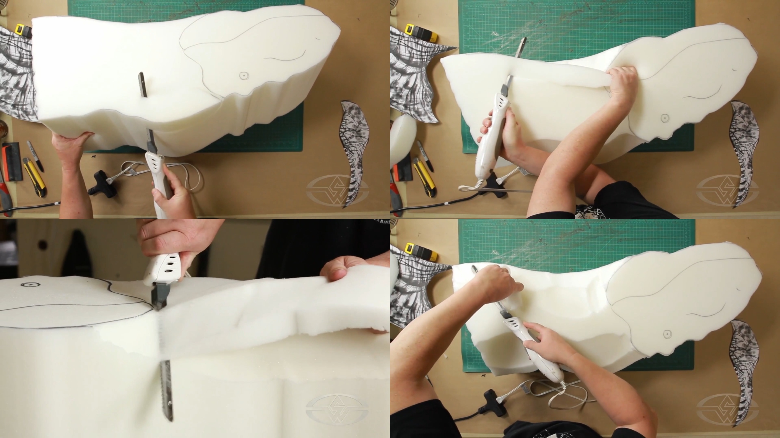 Using an electric carving knife, Ted Haines cuts off big pieces of foam, little by little.