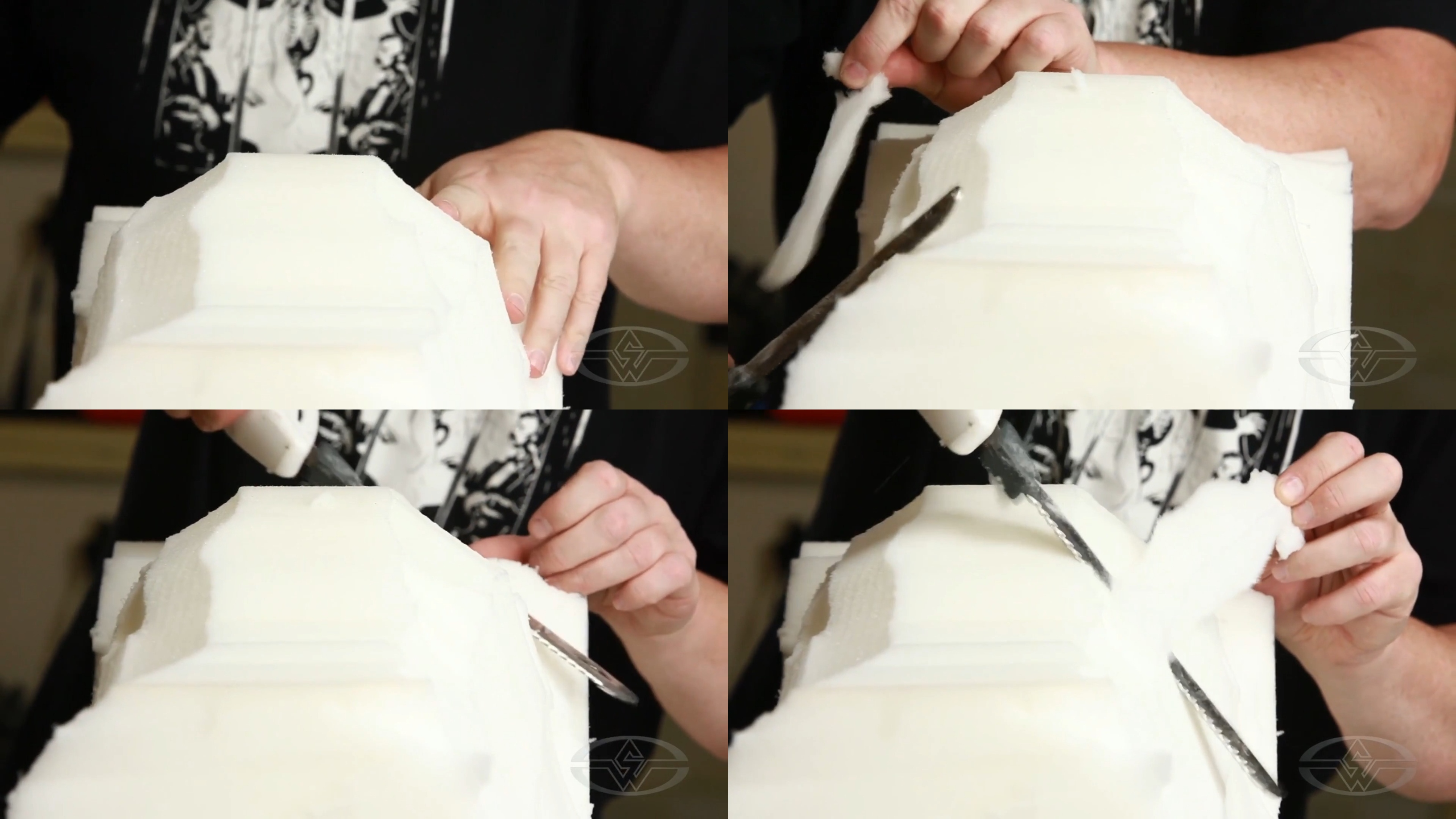 Ted Haines removes small pieces of foam with his knife.