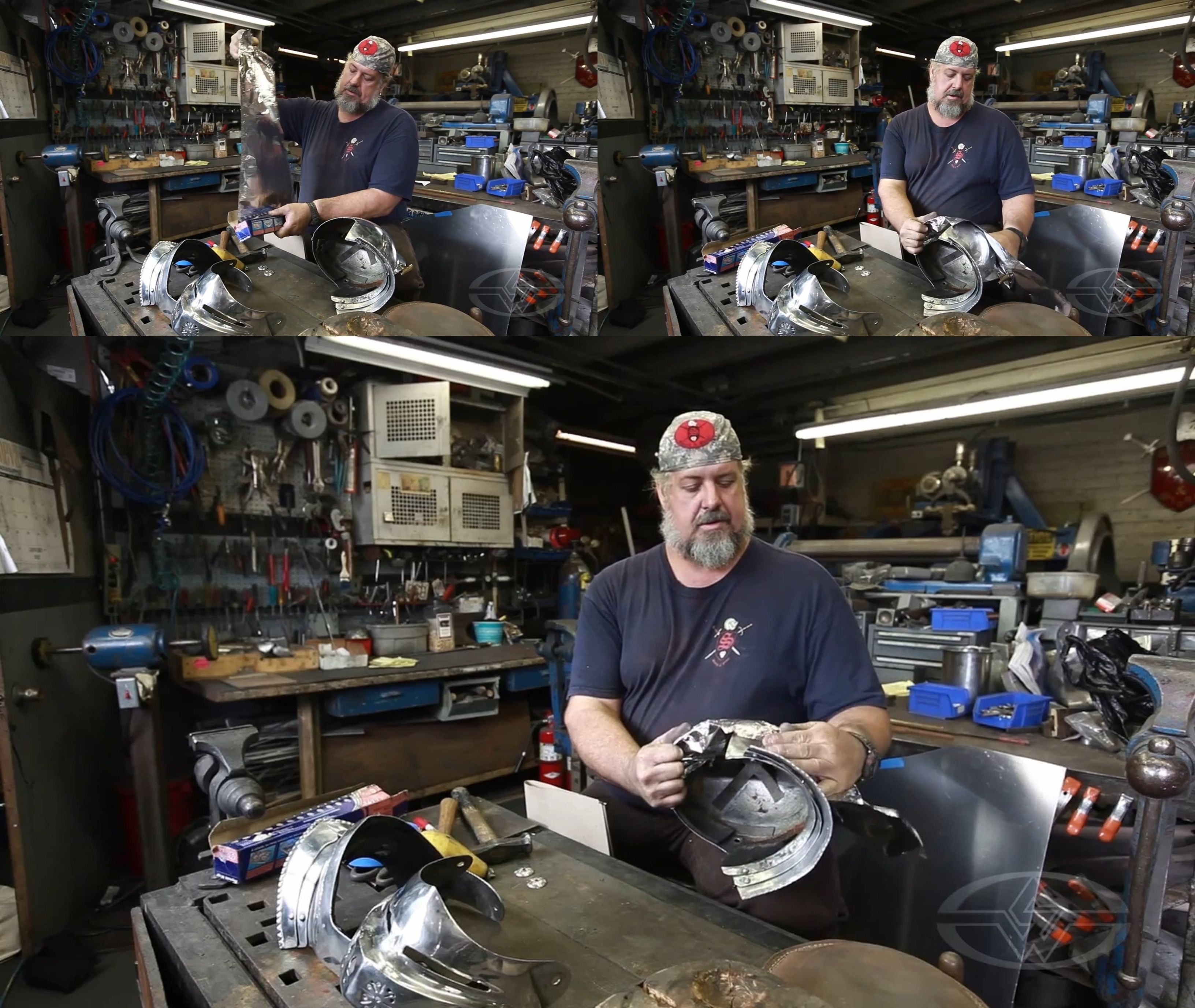 Tony Swatton unrolls a long sheet of aluminum foil to cover his helmet.