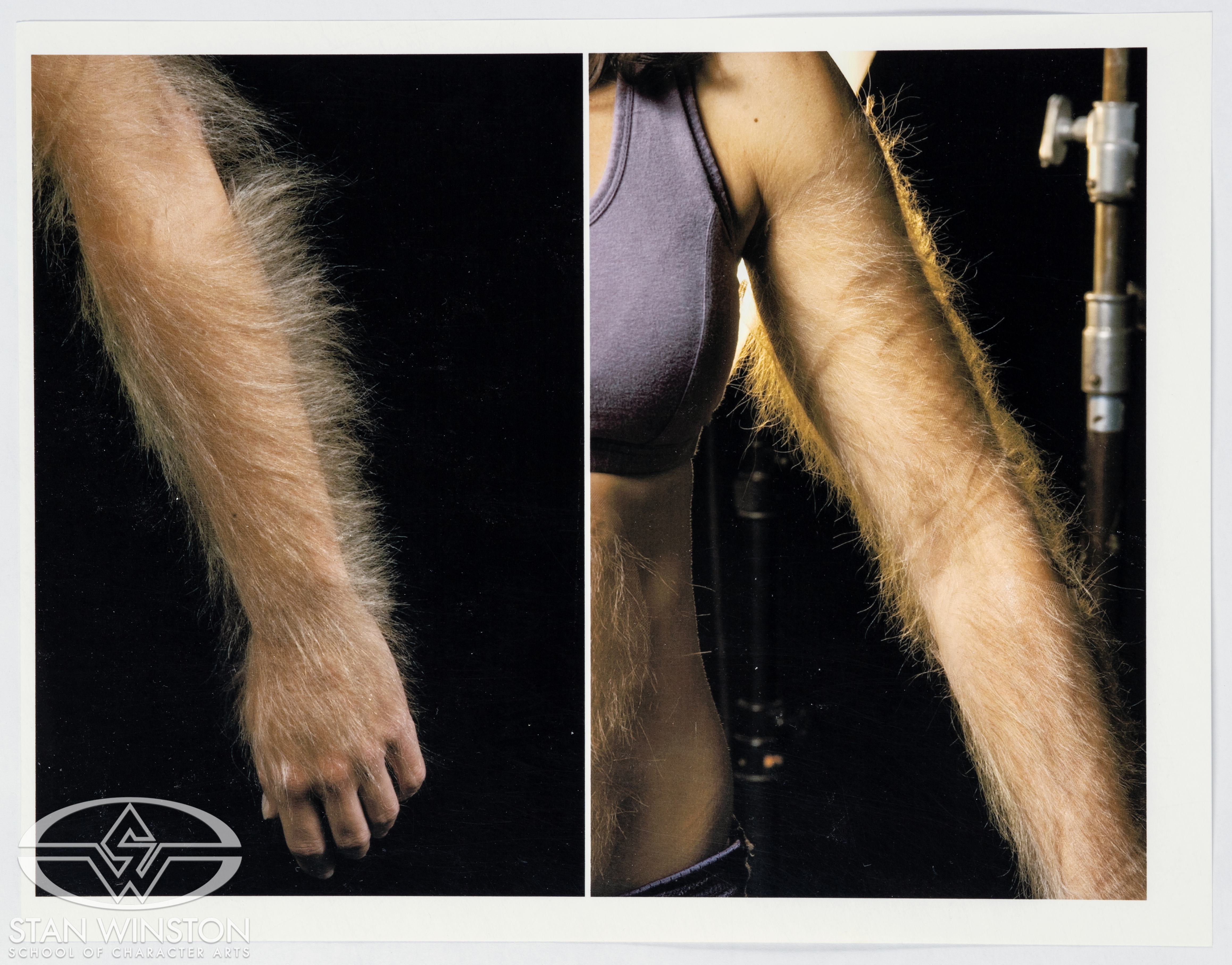 Natassia Malthe tests angora fur on her arm and body at Stan Winston Studio.