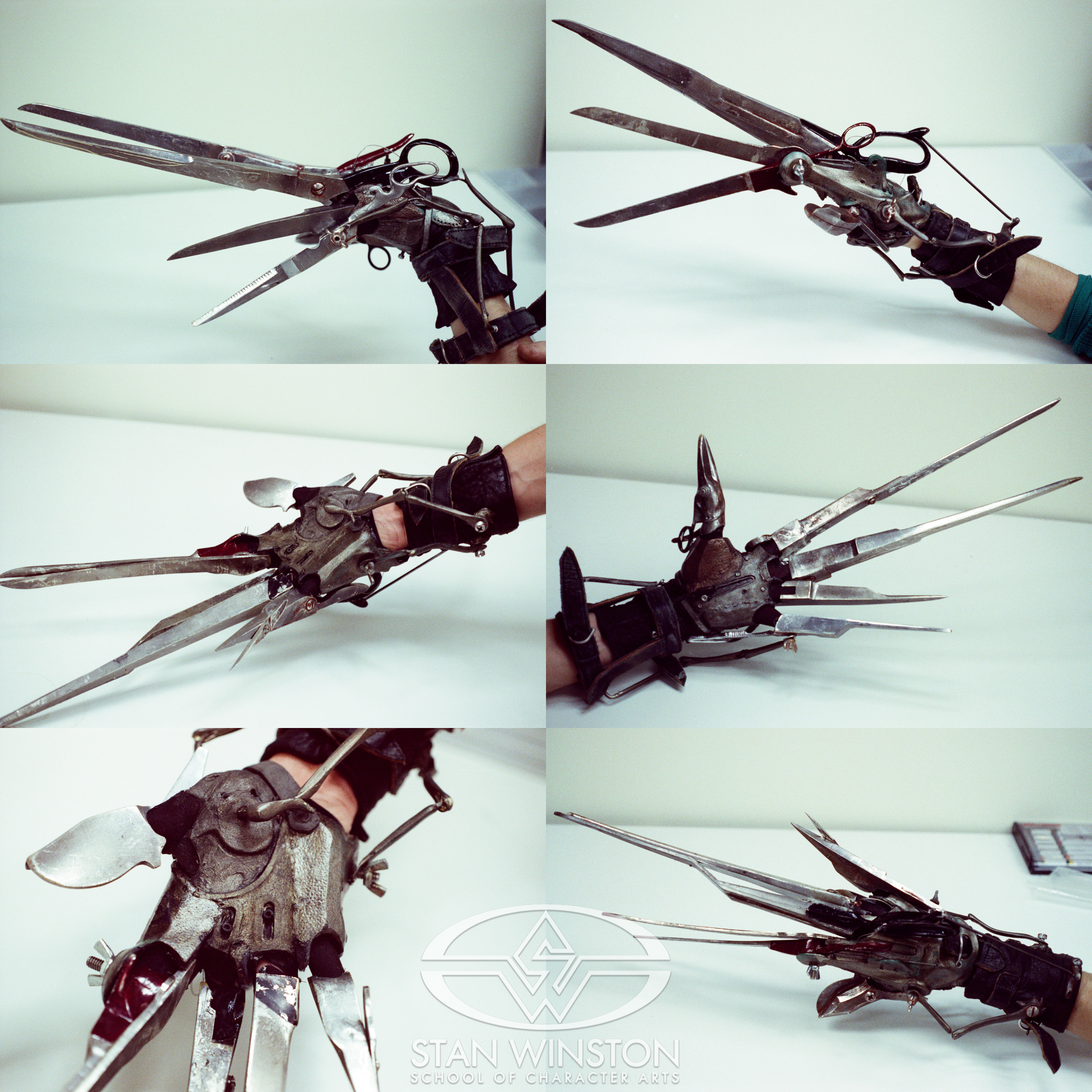 Testing various scissor hands at Stan Winston Studio.
