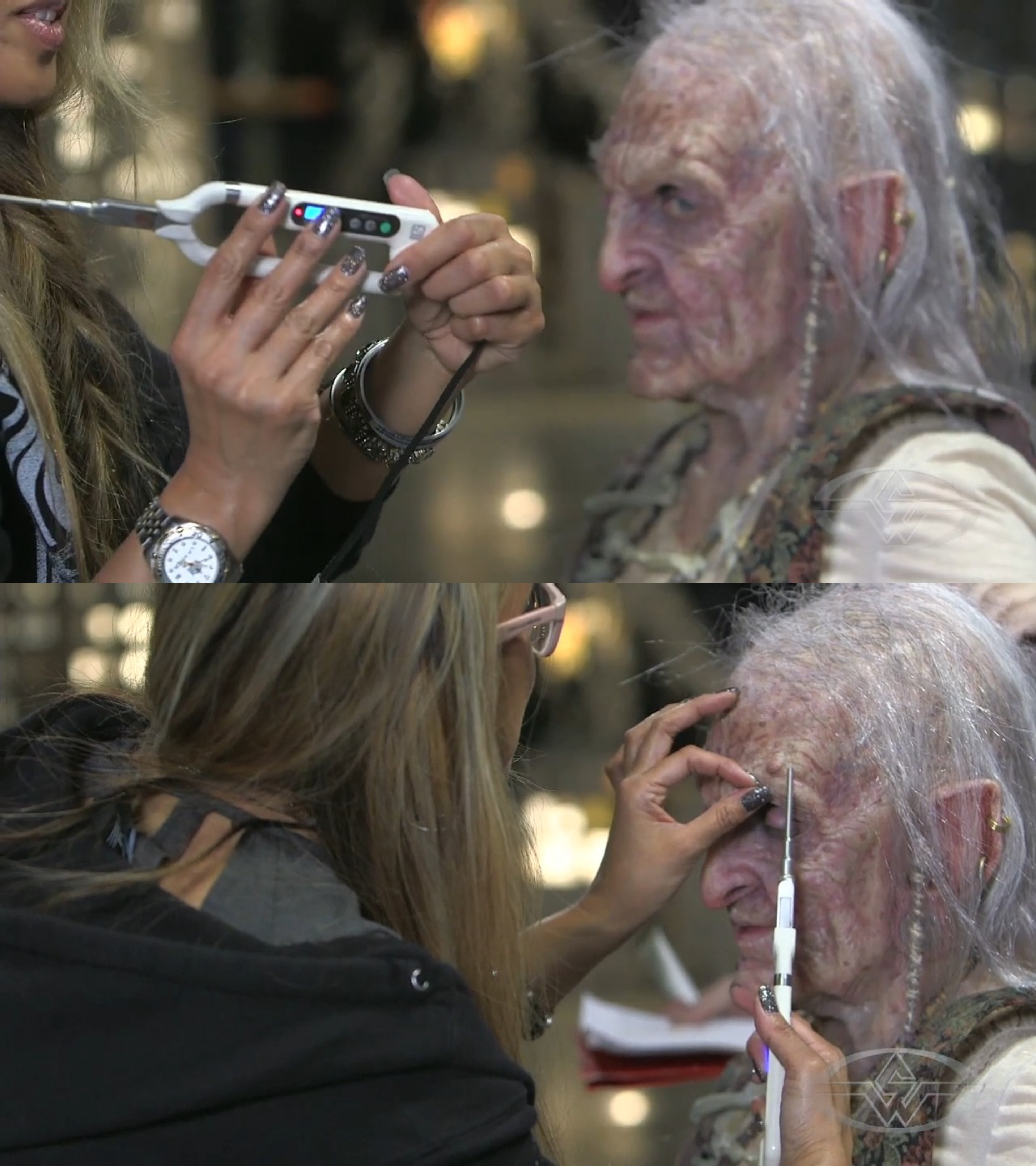 In a race against the clock, Aimee Macabeo uses a hax iron to quickly style the eyebrows.