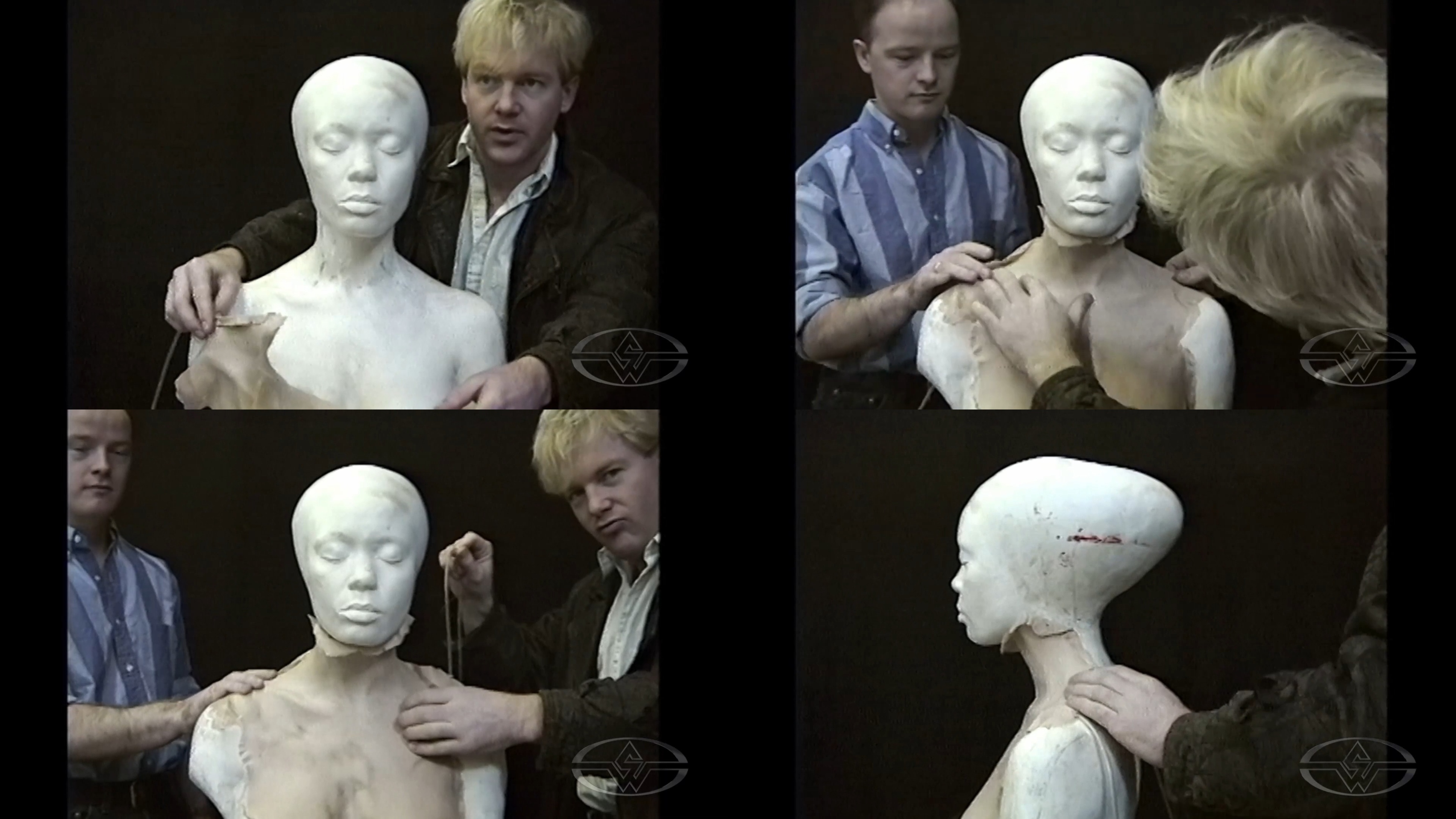 Shane Mahan and special effects technician Lindsay MacGowan demonstrate where to place the front blender piece and bladder effect tubes.