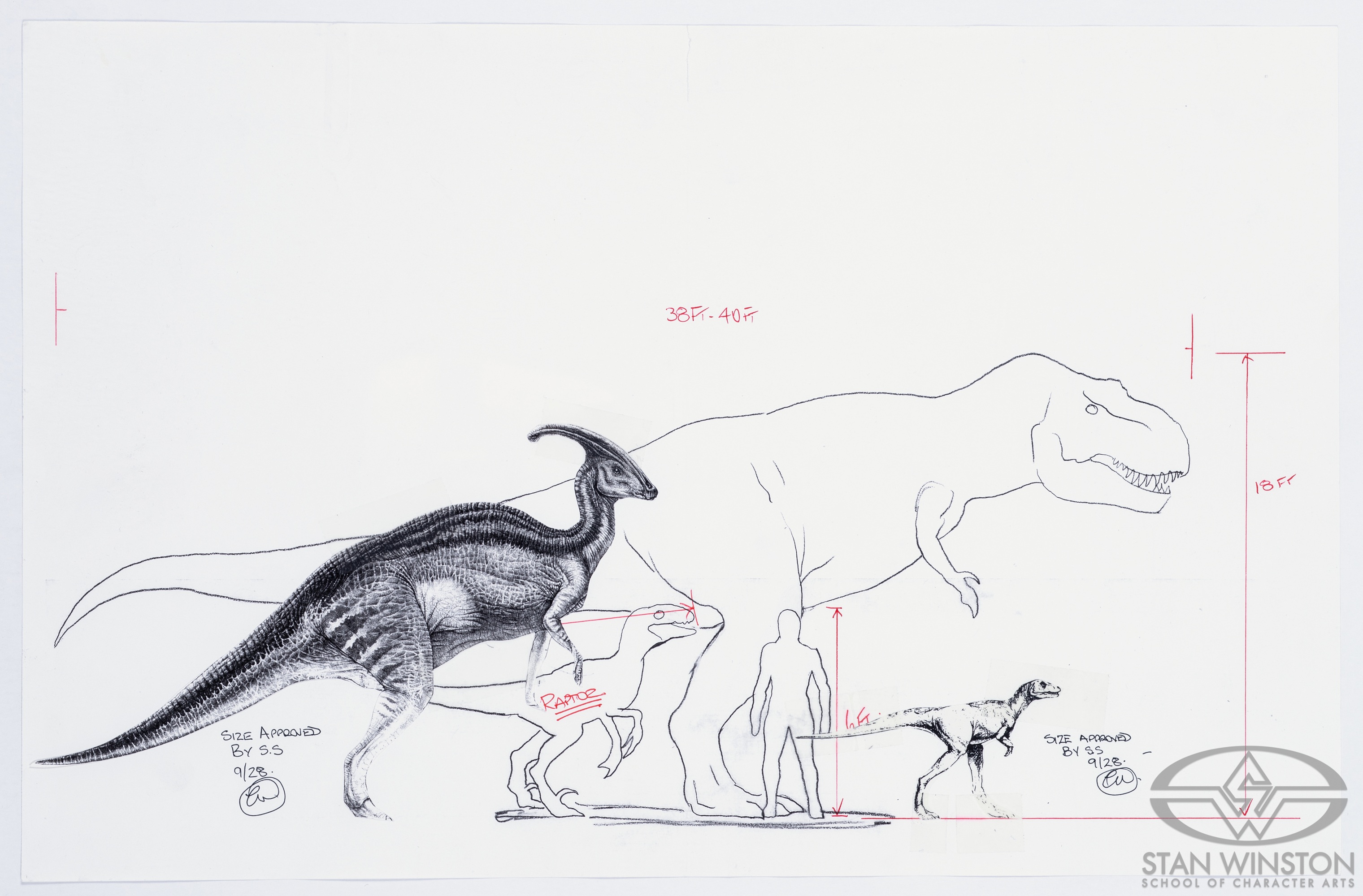 Size comparison of various 'The Lost World' dinosaurs, including the Parasaurolophus.