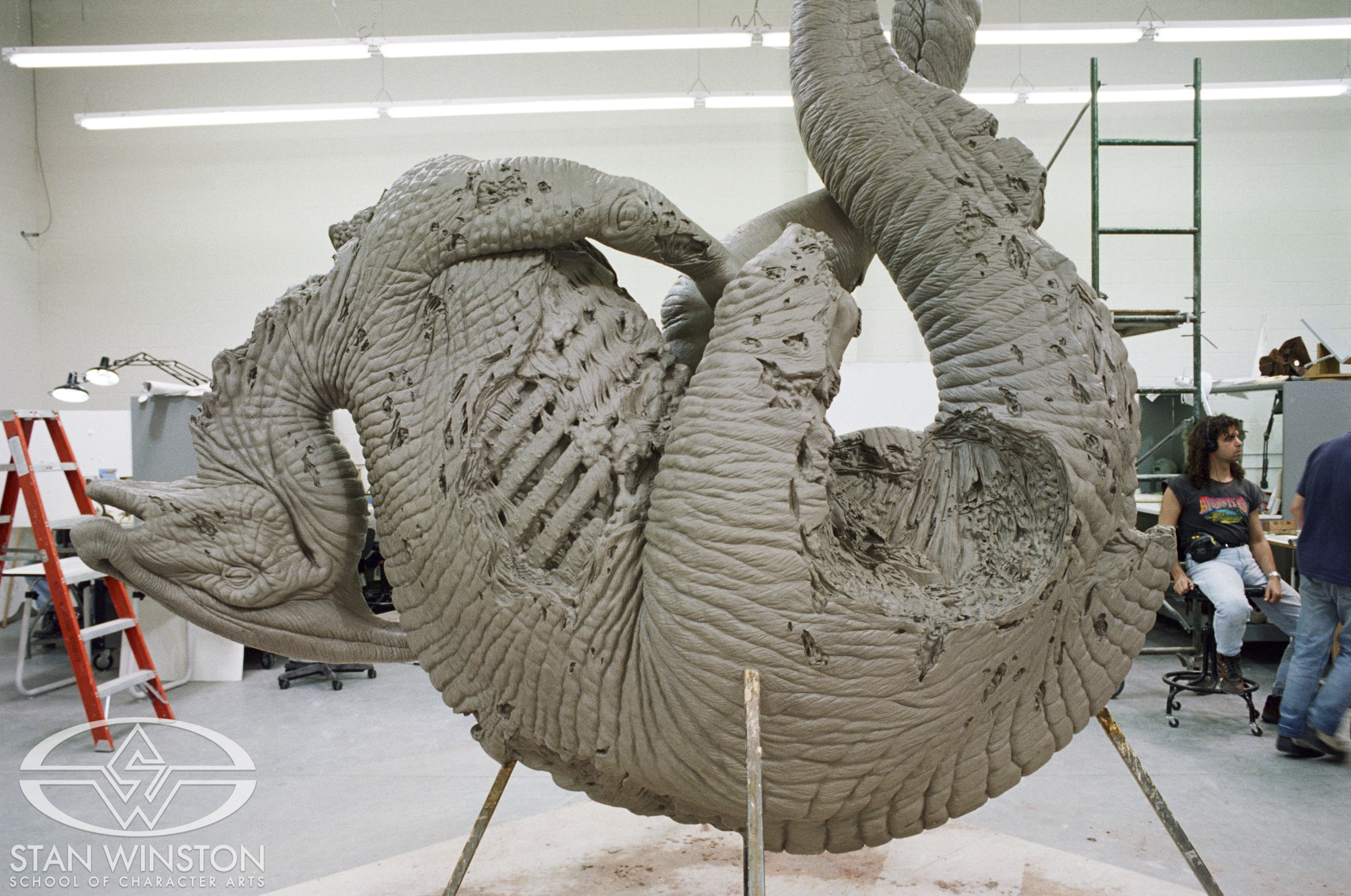 The life-size clay sculpture of the dead Parasaurolophus.