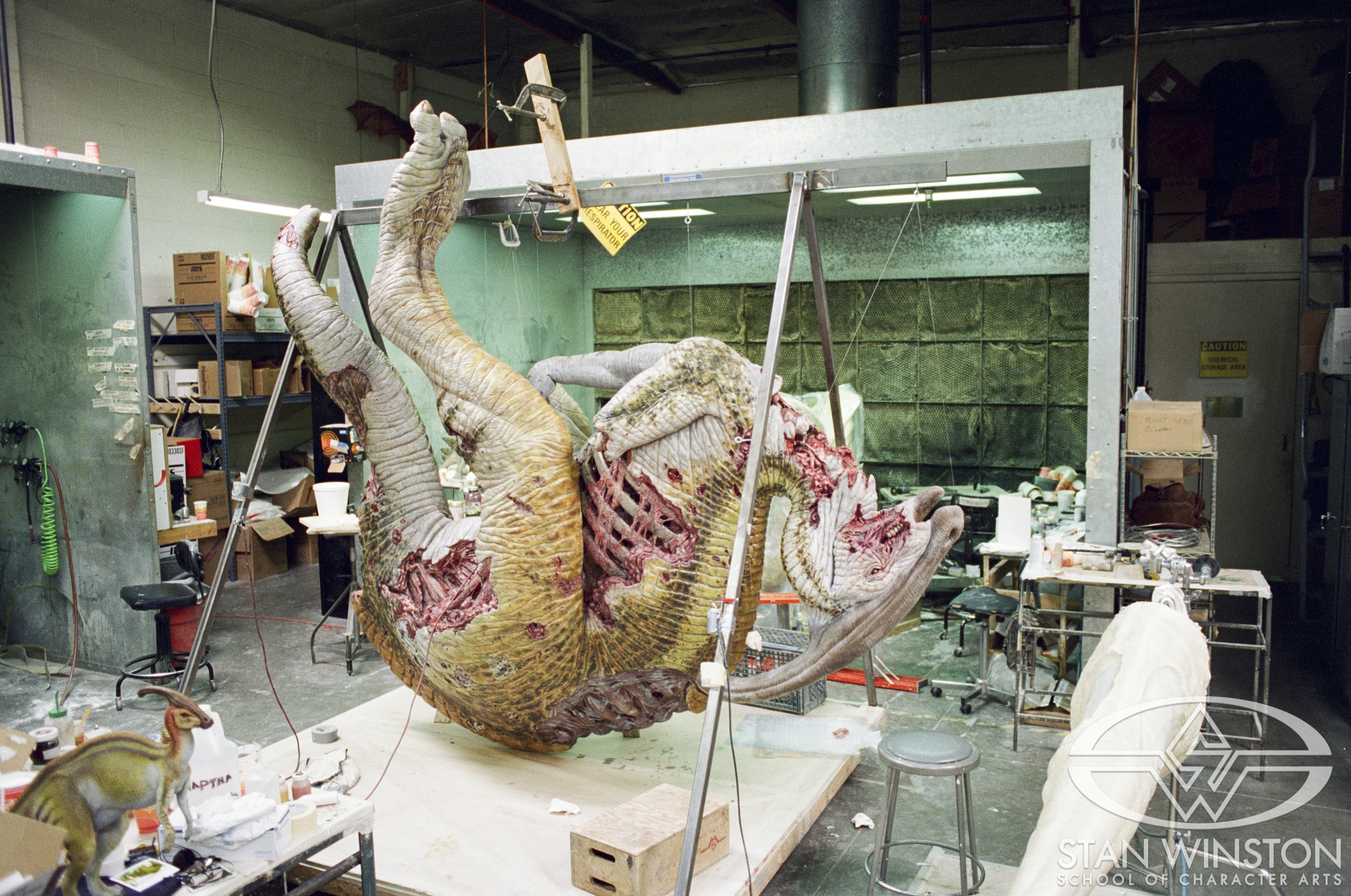 The work-in-progress life-size dead Parasaurolophus at Stan Winston Studio.