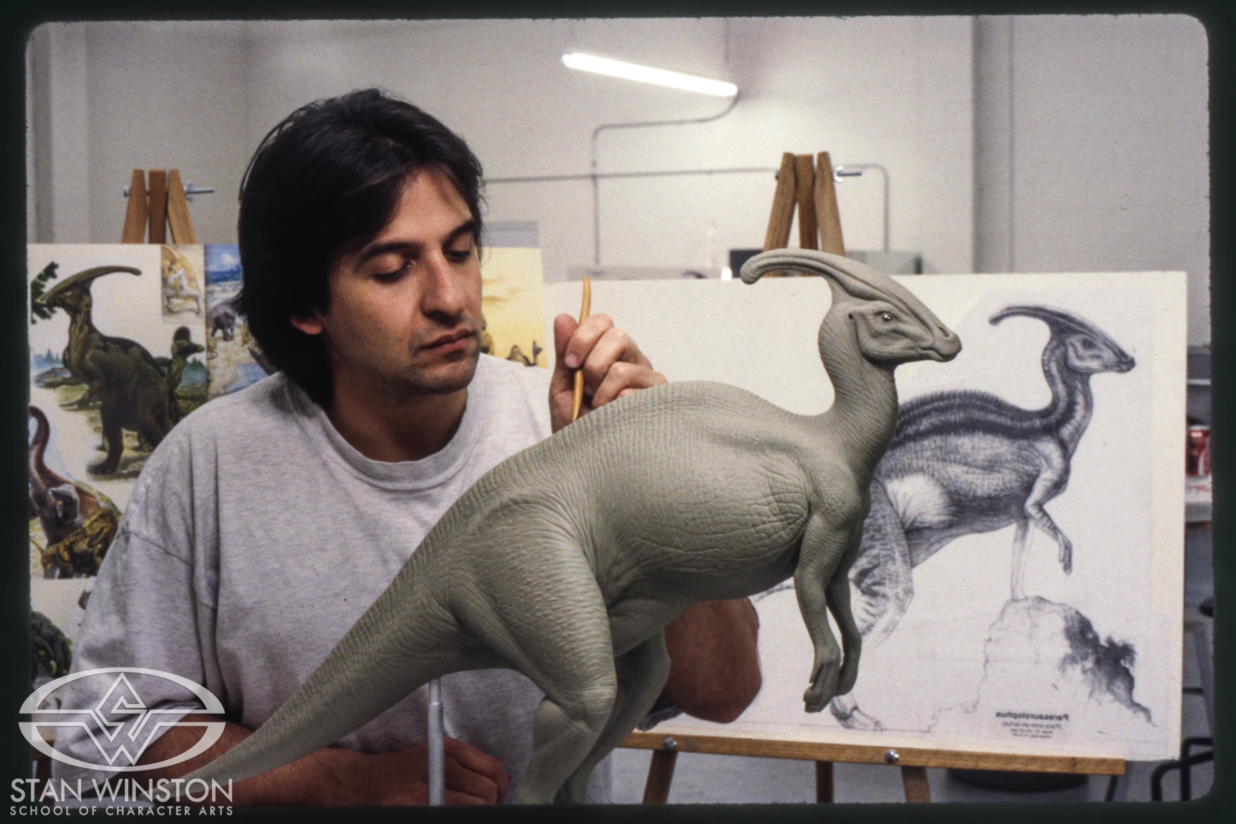Paul Meijas sculpts the miniature Parasaurolophus maquette, which was used as the guide for ILM to build the 3D geometry for the 3D model.
