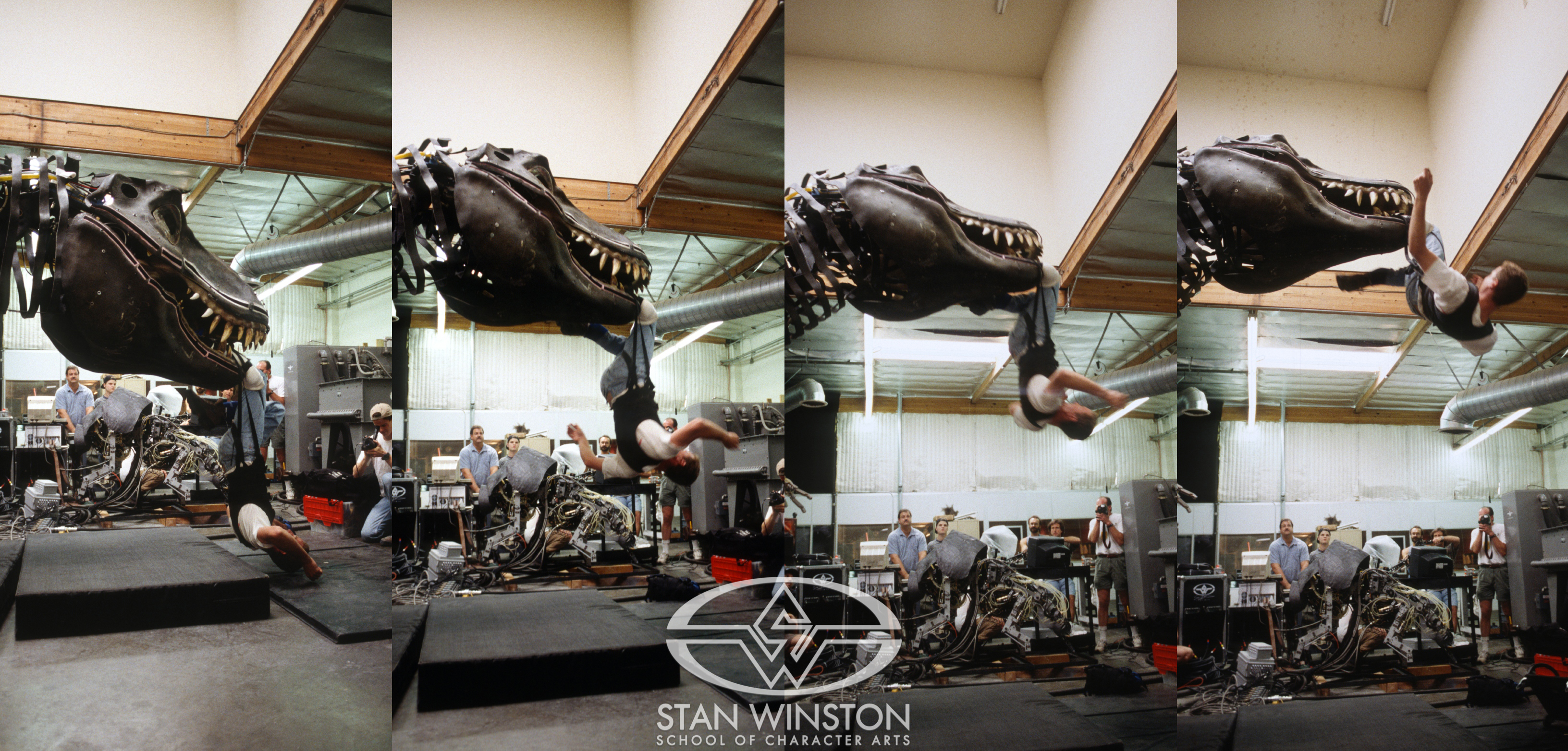 One of the life-size male T-Rex animatronics tests with a professional stuntman