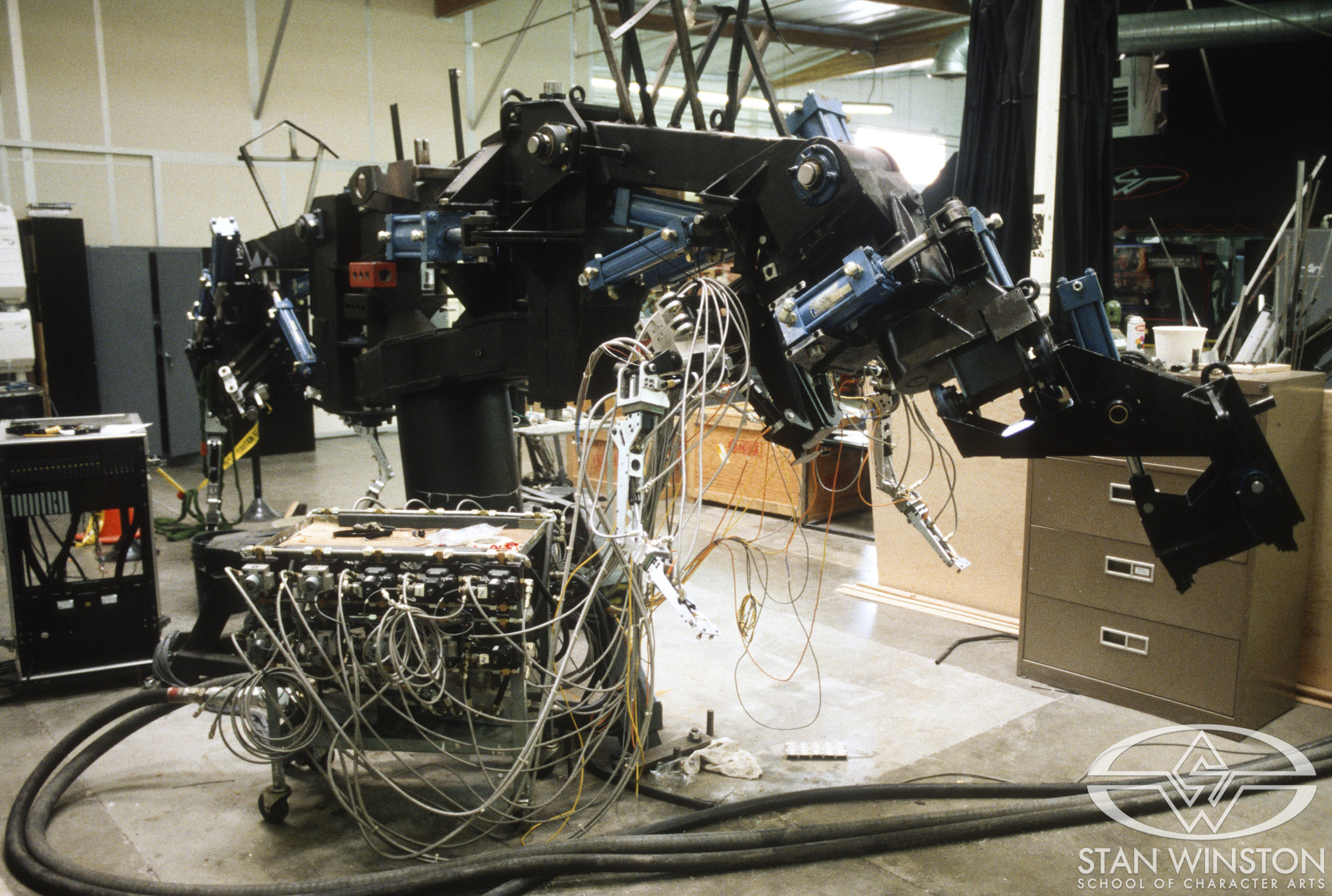 The hydraulic base of the male T-Rex at Stan Winston Studio.
