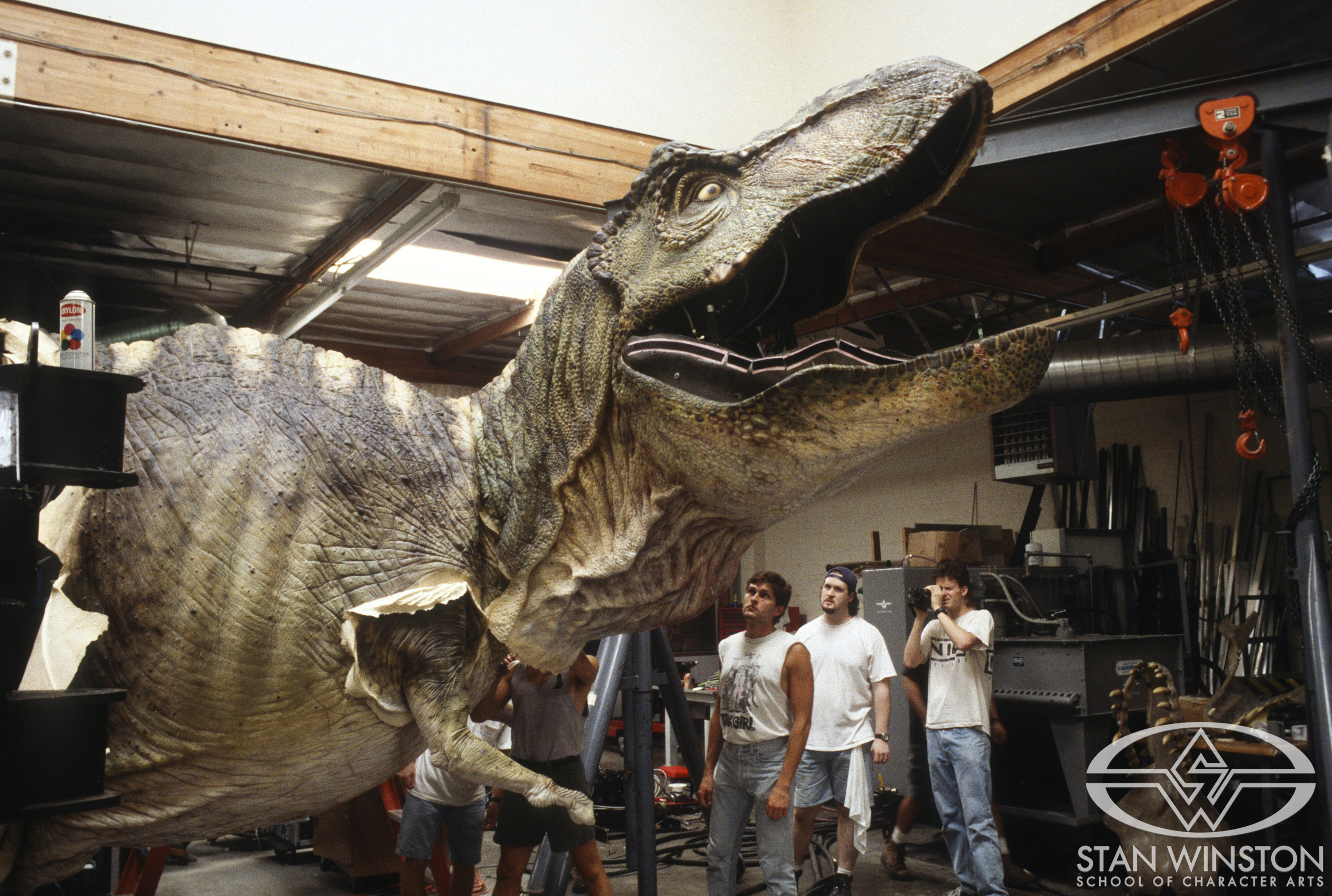 Checking the male T-Rex skin during the animatronics movement.