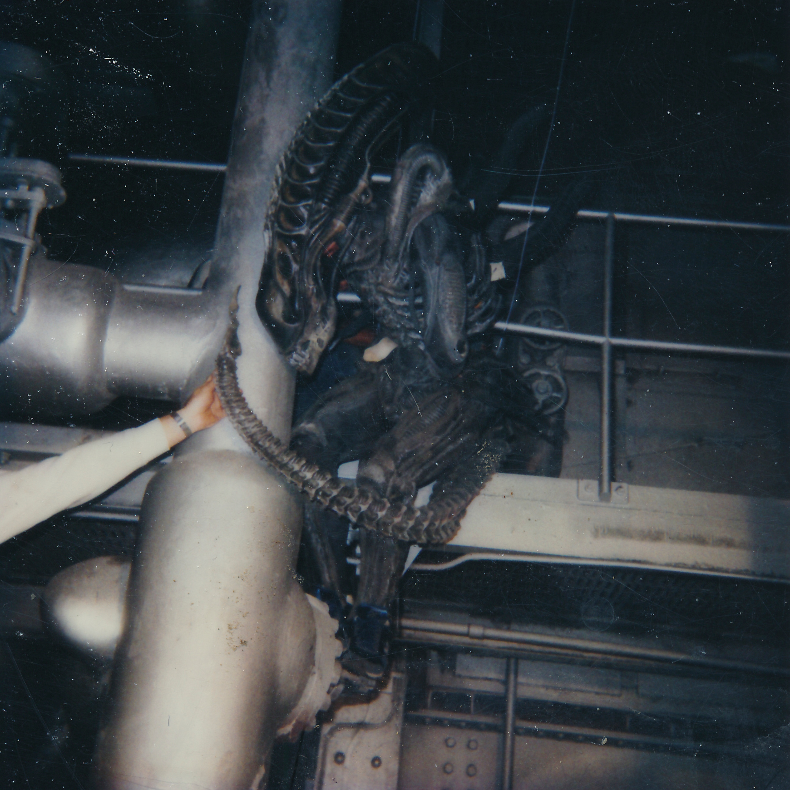 A stunt performer in the xenomorph suit on the set of Aliens. Image courtesy of&nbsp;20th Century Fox.