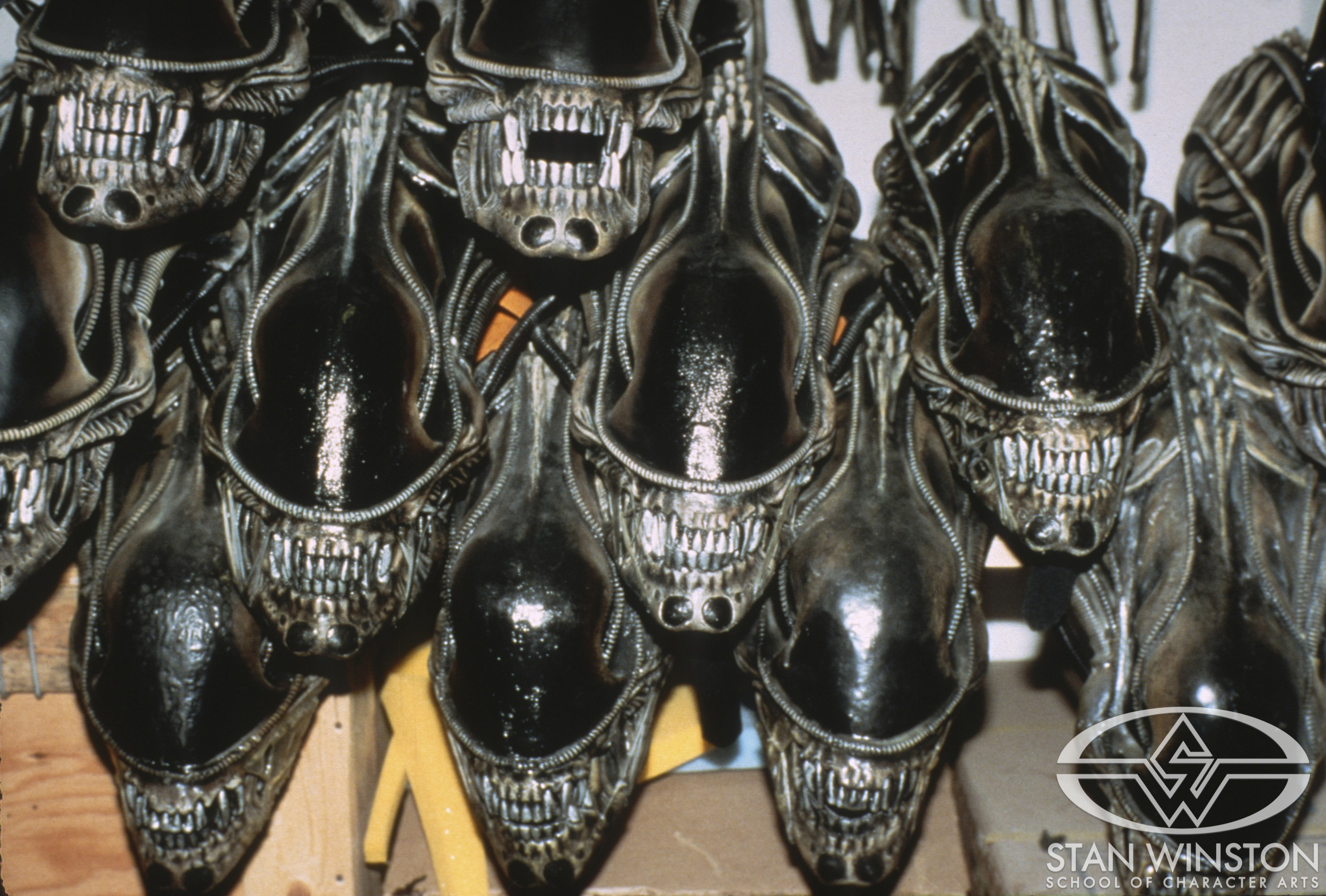 Some of the ready-to-use alien warrior heads at Pinewood Studios.