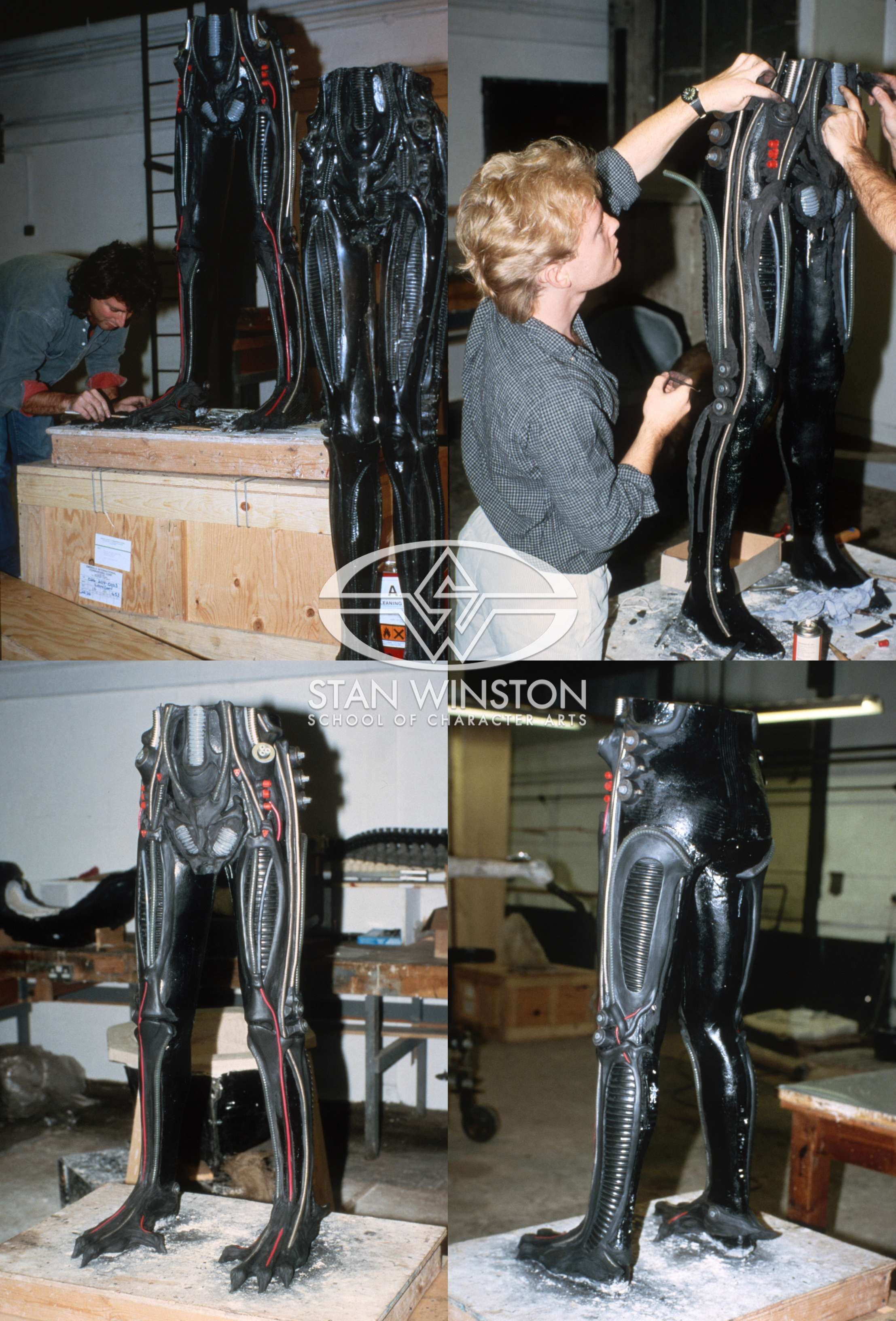 John Rosengrant and Shane Mahan assemble the leg details for an alien warrior suit.