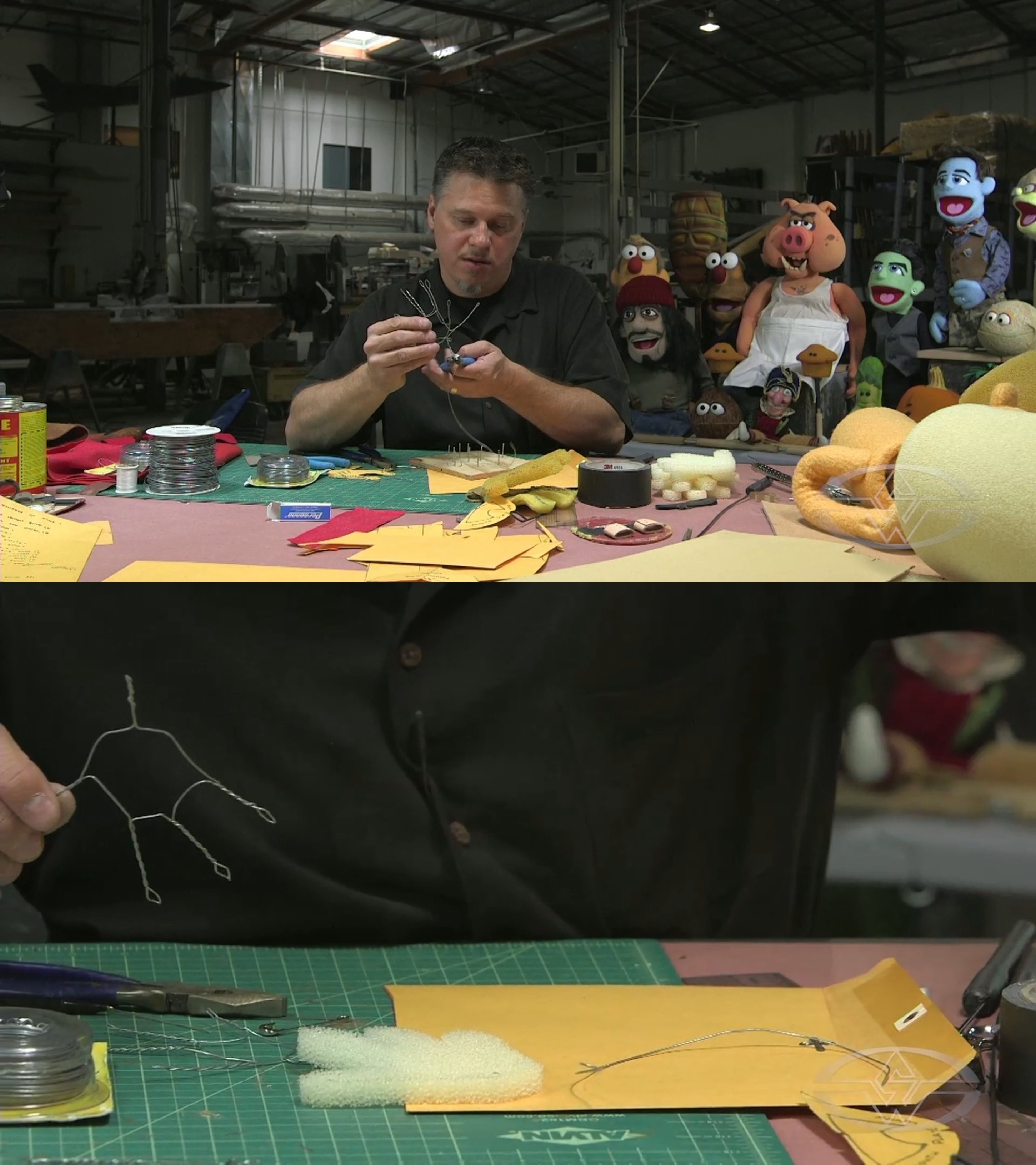 BJ Guyer makes the final cut on his wire to reveal a pair of hands for his puppet.