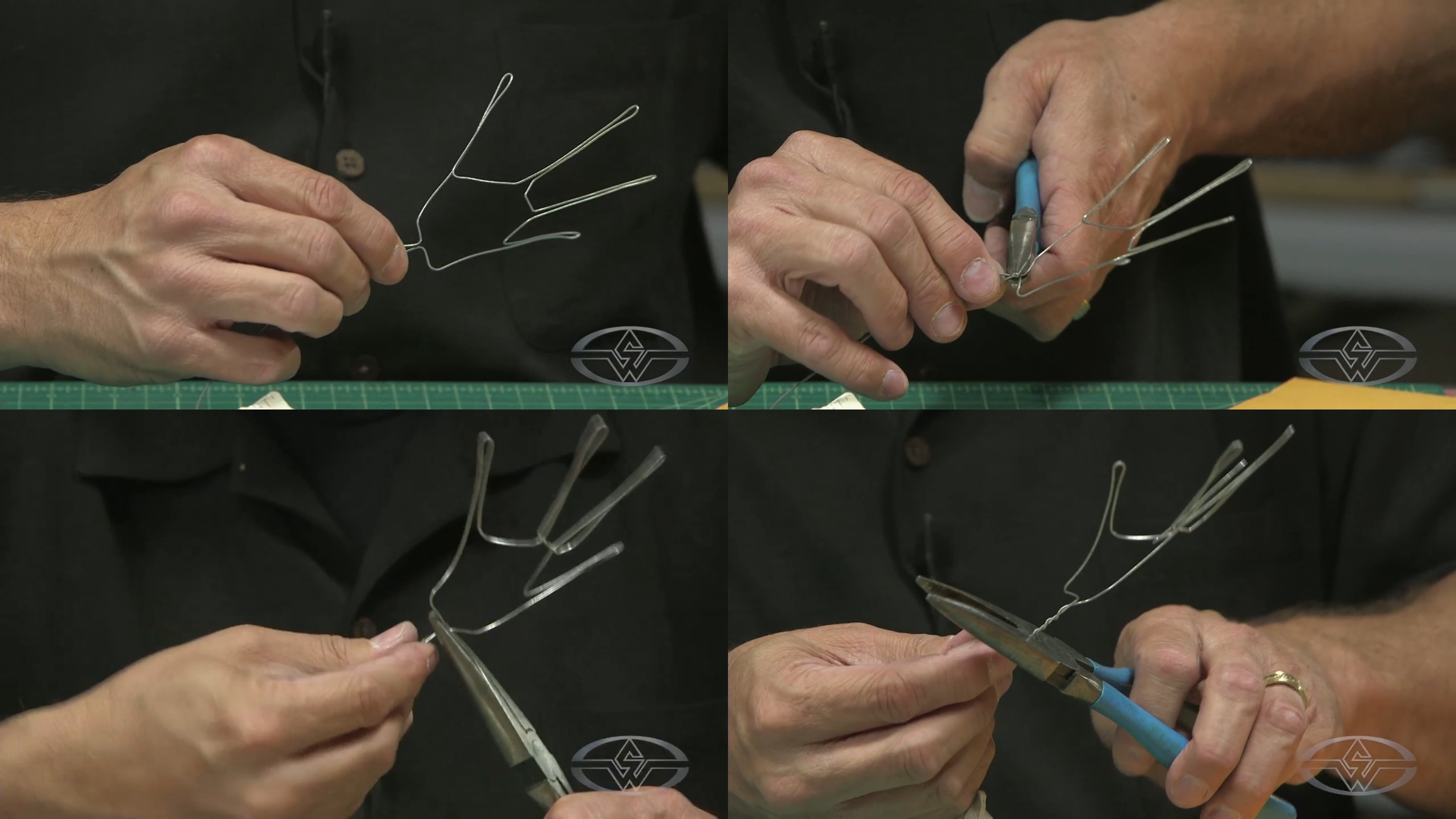 BJ Guyer grabs the armature at the base with pliers and twists the wire using his fingers. Once he's done twisting, he cuts off extra length at the end of the wire.