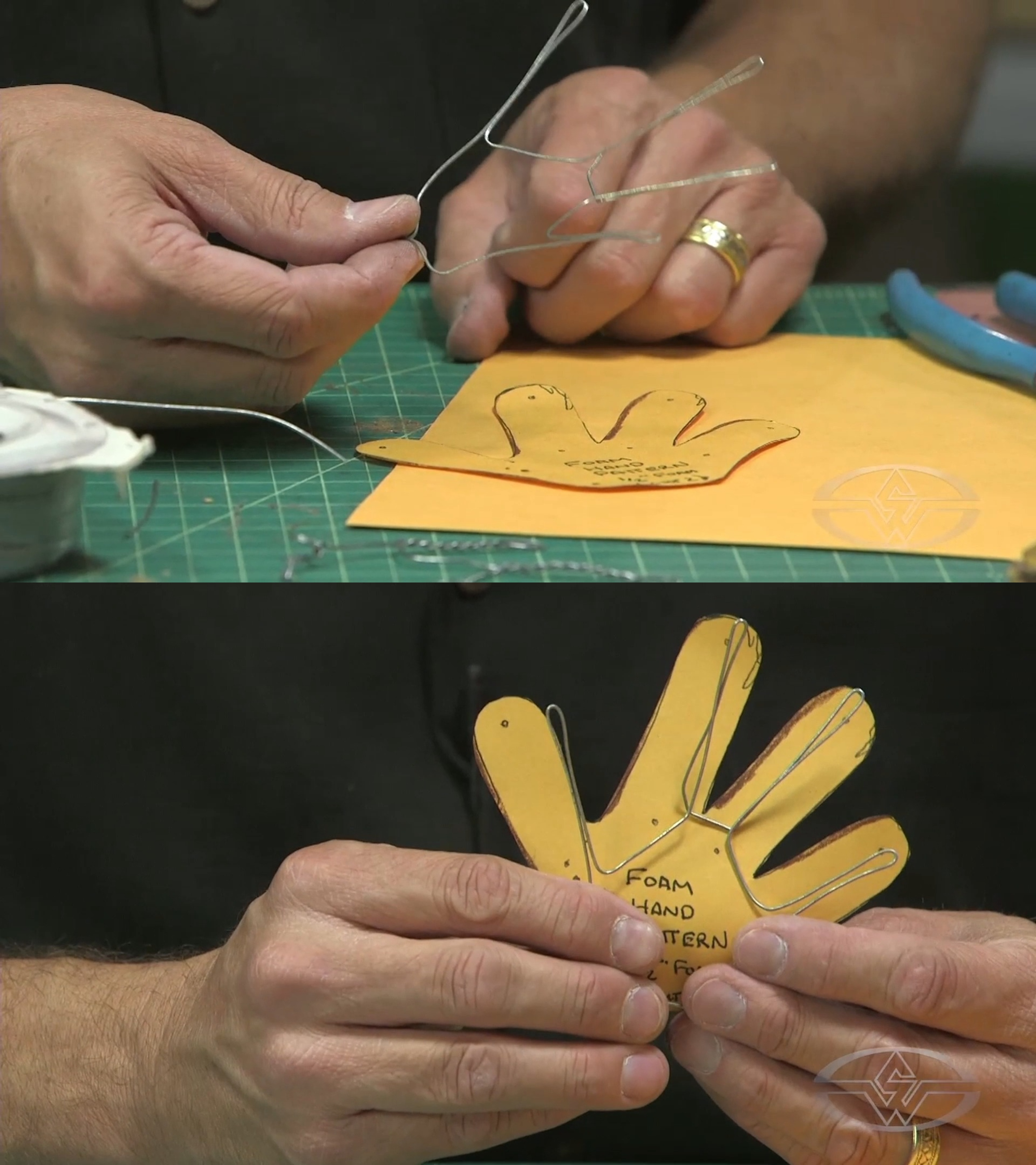 BJ Guyer displays his hand armature holding it up&nbsp;against his foam hand pattern.