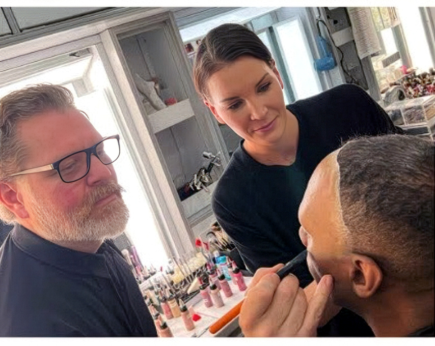 Christien Tinsley and Mo Meinhart apply the first test makeup for Joe Jackson. Image courtesy Bill Corso/Lionsgate.
