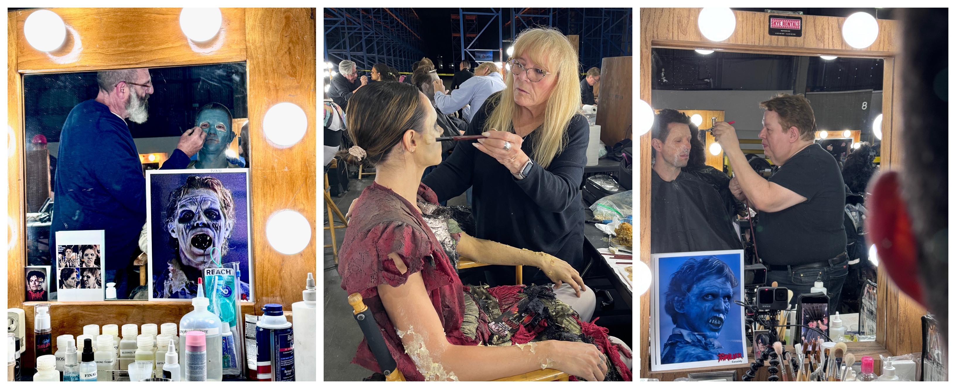 Makeup artists Howard Berger, Ve Neill and Richie Alonzo&nbsp;apply&nbsp;retro zombie makeups for the one-night Thriller shoot.&nbsp;Images courtesy Bill Corso/Lionsgate.