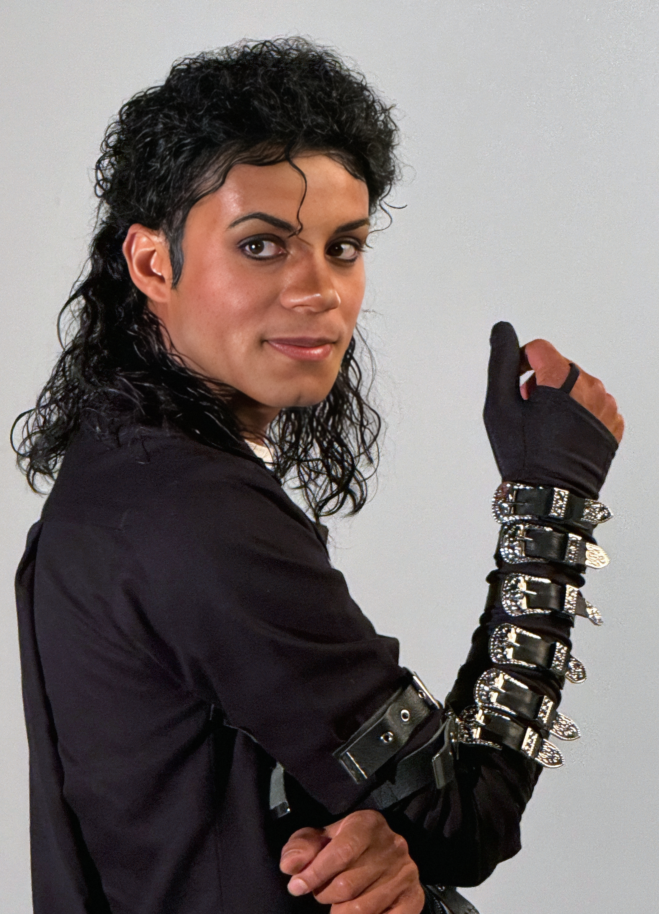 Jaafar Jackson in makeup and costume for the 'Bad' tour sequence in Michael. Image courtesy Lionsgate.