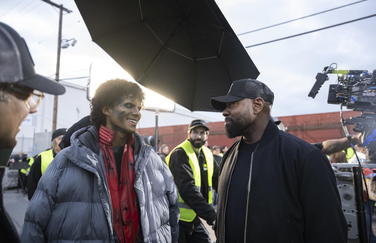 Jaafar Jackson and Antoine Fuqua preparing for a night of recreating Thriller&nbsp;on location. Image courtesy Lionsgate.