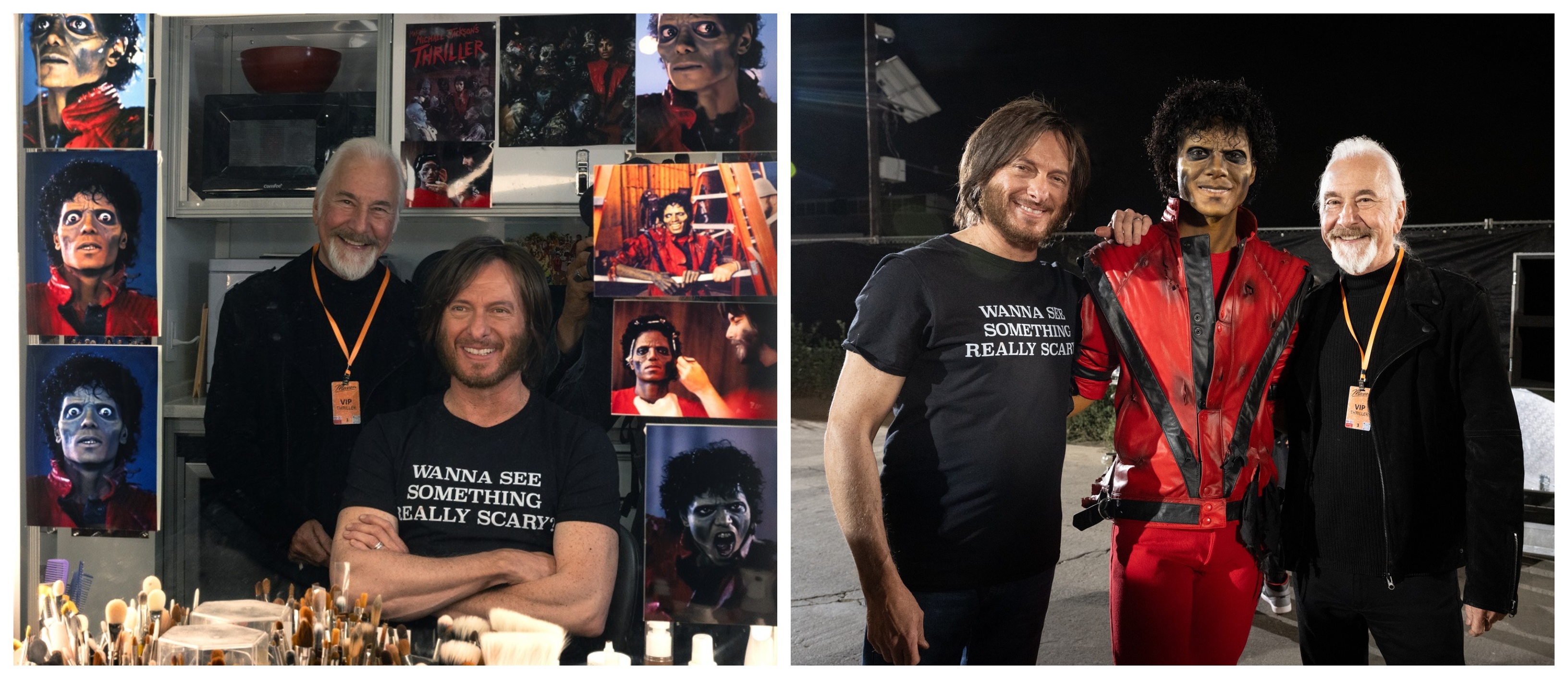 The original Thriller makeup artist Rick Baker visits the Michael set to find Bill Corso made up as Rick circa 1982 for his cameo in the movie. L - Rick and Bill. R - Bill, Jaafar, and Rick. Images courtesy Bill Corso/Lionsgate.