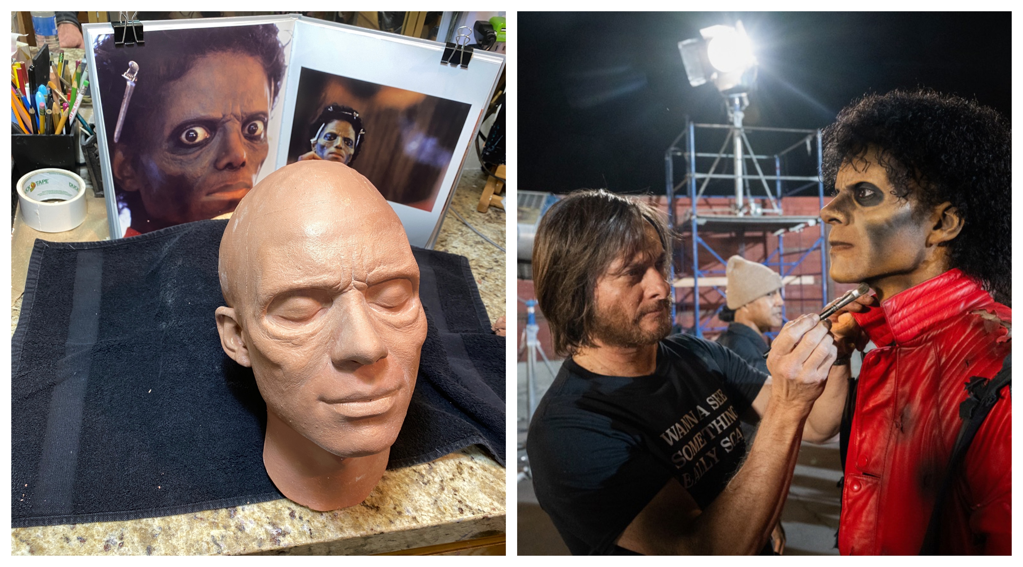 Appliance sculpture for the Michael Jackson zombie makeup and Bill Corso, as Rick Baker, touching up Jaafar on set. Images courtesy Bill Corso/Lionsgate.