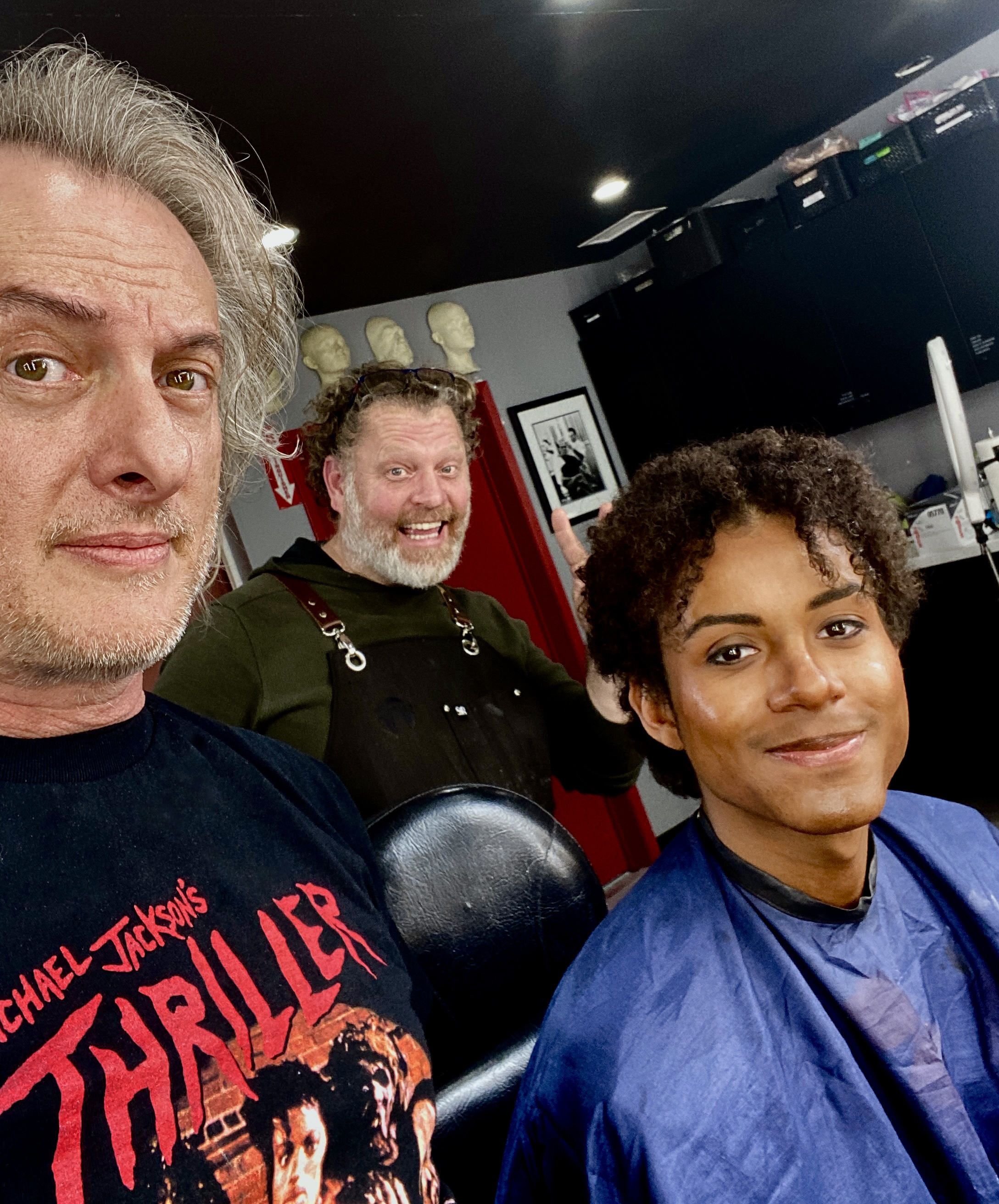 Makeup Artists Bill Corso and&nbsp;Christien Tinsley with&nbsp;Jaafar Jackson. Image courtesy Bill Corso/Lionsgate.